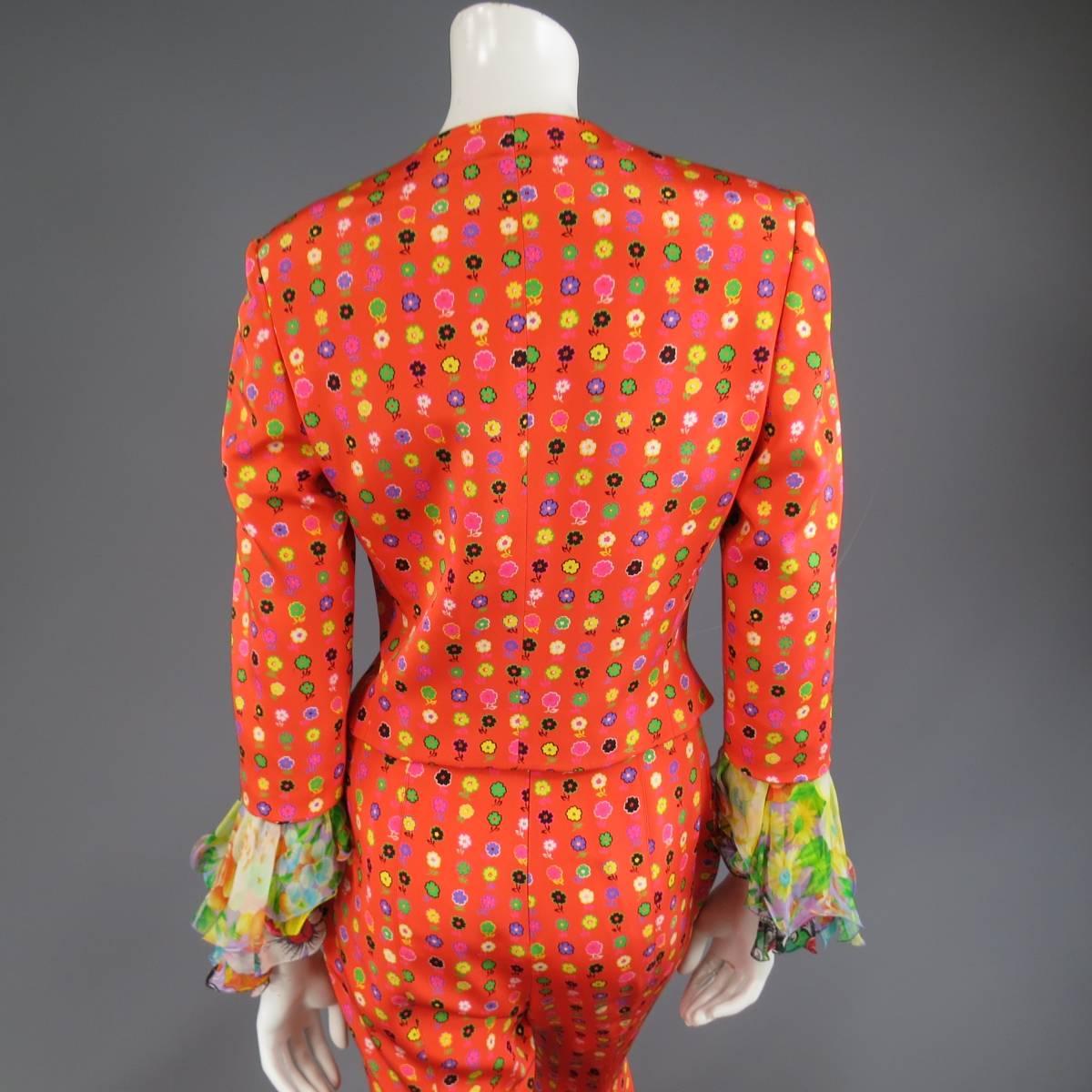GIANNI VERSACE Size 6 Orange Floral Print Silk Collarless Ruffle Cuff Suit 3