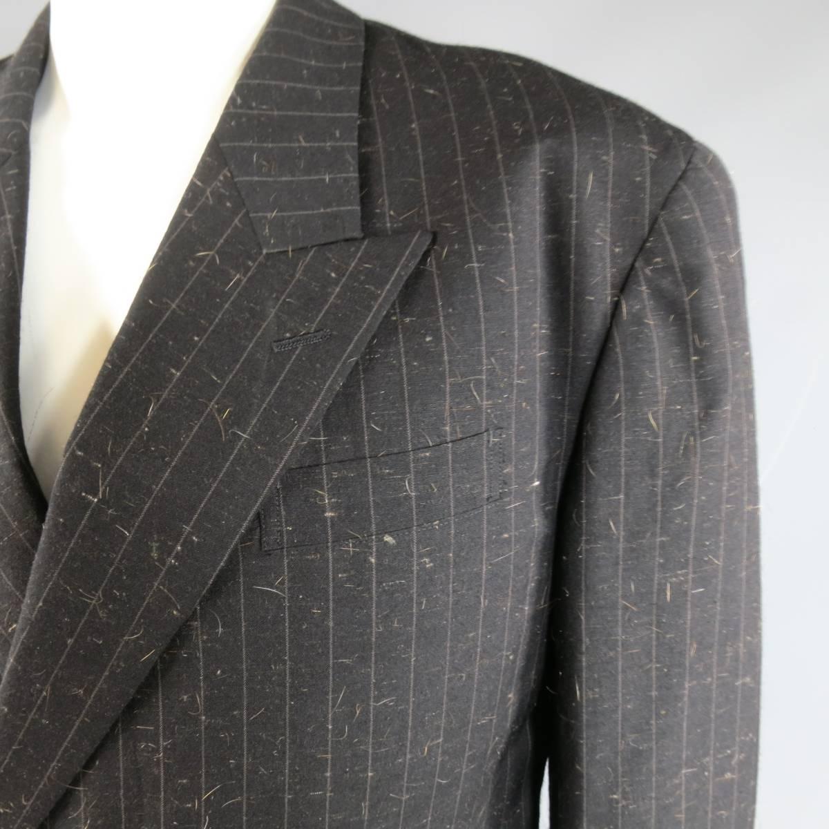 Yohji Yamamoto Charcoal Hair Textured Wool Blend Striped Double Breasted Suit In Excellent Condition In San Francisco, CA