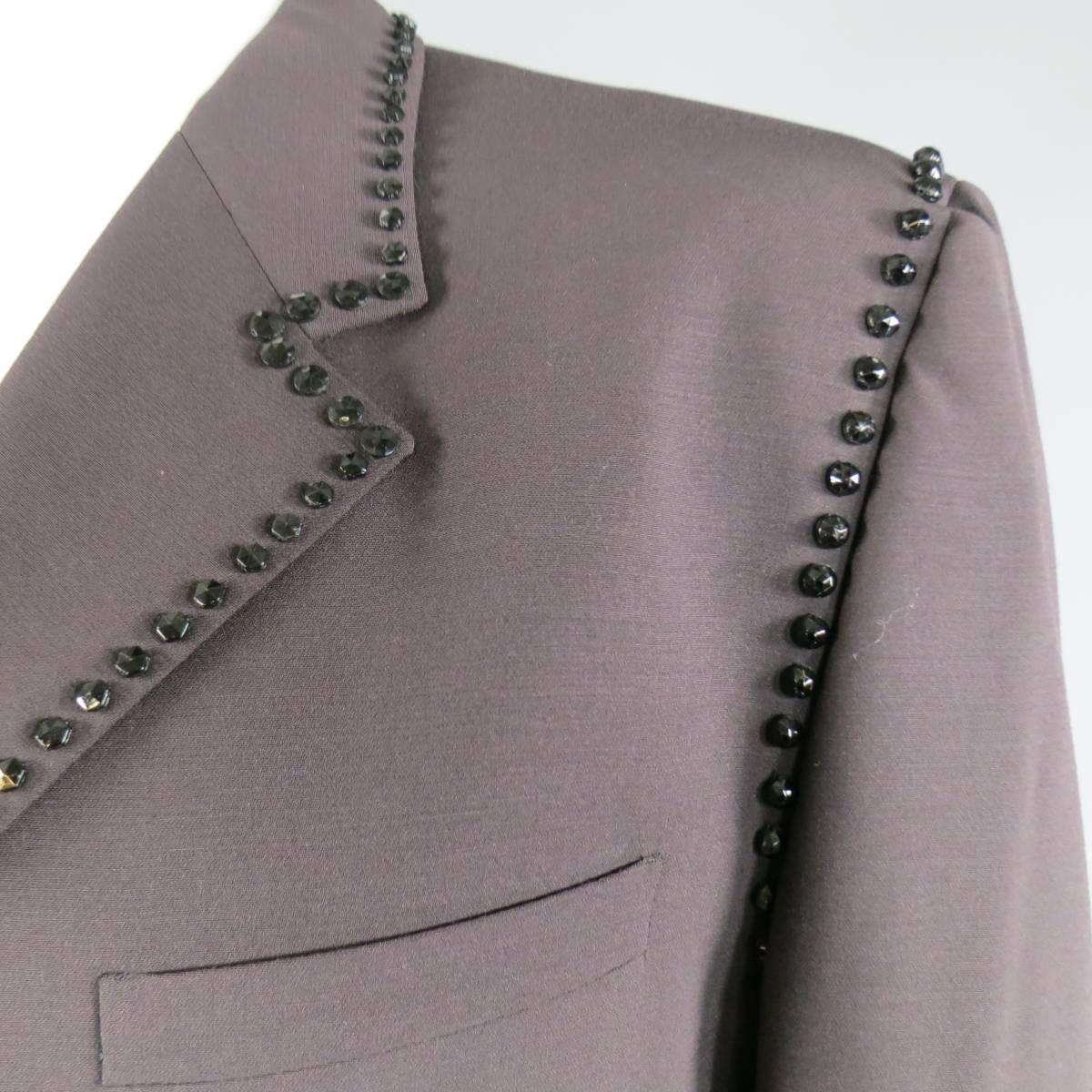 Vintage GIANNI VERSACE 46 Muted Eggplant Wool Black Crystal Beaded Trim Suit In Excellent Condition In San Francisco, CA