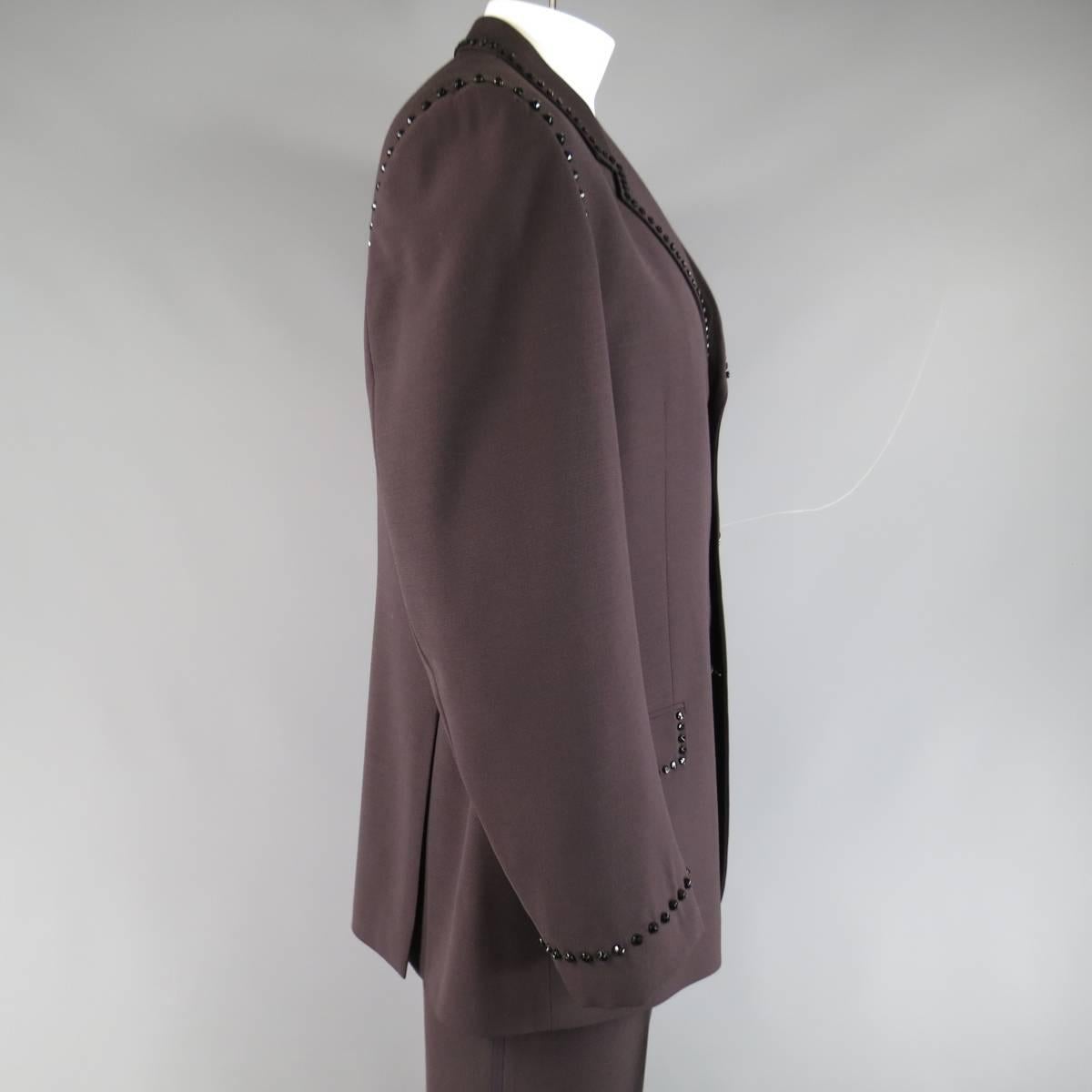 Men's Vintage GIANNI VERSACE 46 Muted Eggplant Wool Black Crystal Beaded Trim Suit