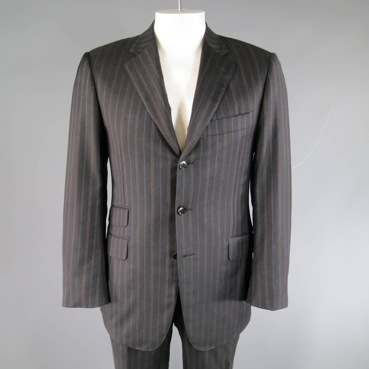 Classic PAL ZILERI suit in charcoal wool with light blue, gray, and orange pinstriped pattern throughout includes a three button, notch lapel sport coat with functional button cuff sleeves, double vented back & top stitching and matching tailored