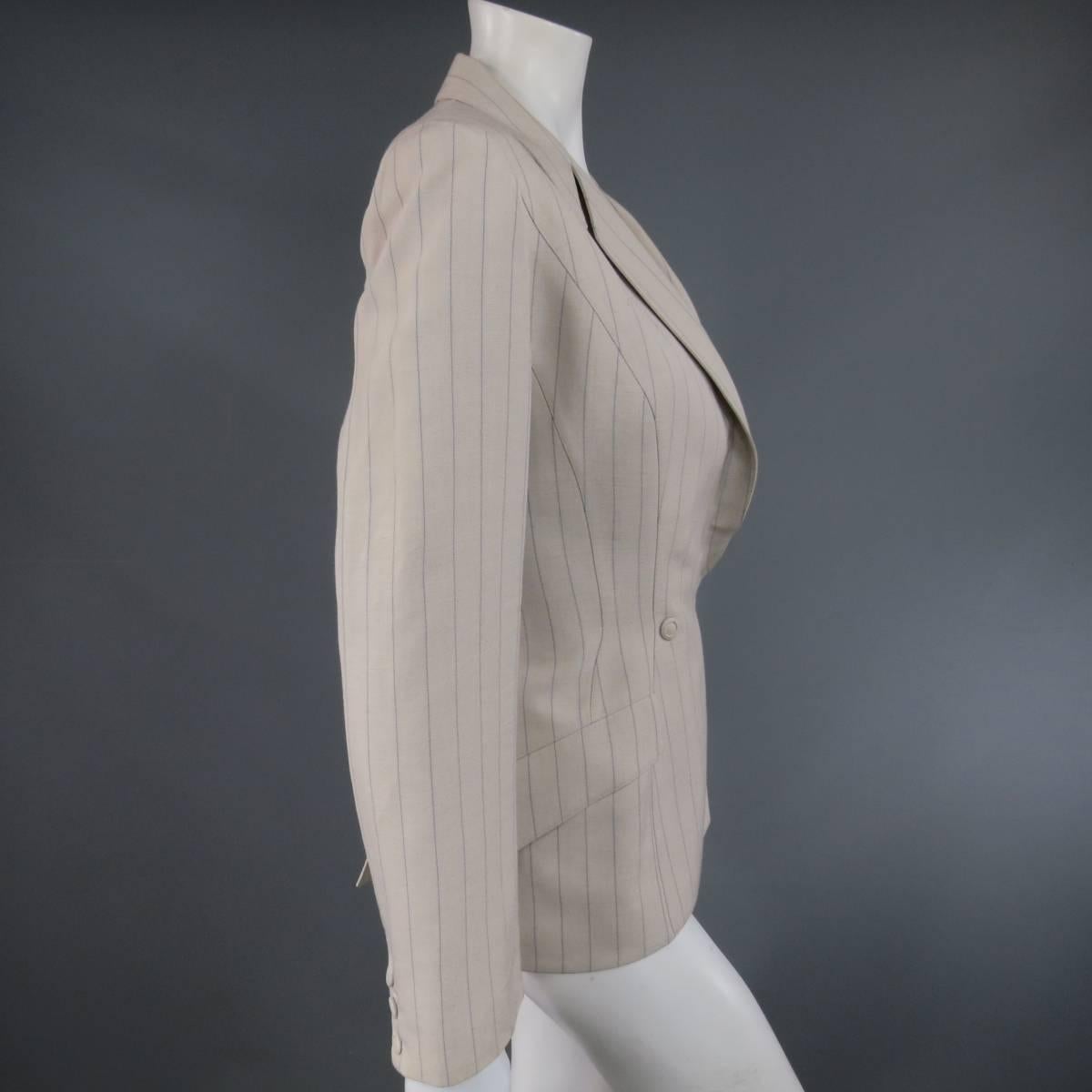 Gray Vintage THIERRY MUGLER Jacket & Vest Size 6 Beige Blue Pinstripe Double Breasted