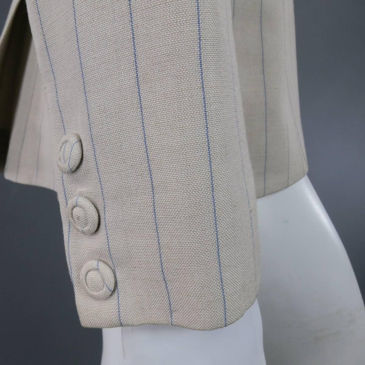 Vintage THIERRY MUGLER Jacket & Vest Size 6 Beige Blue Pinstripe Double Breasted In Fair Condition In San Francisco, CA