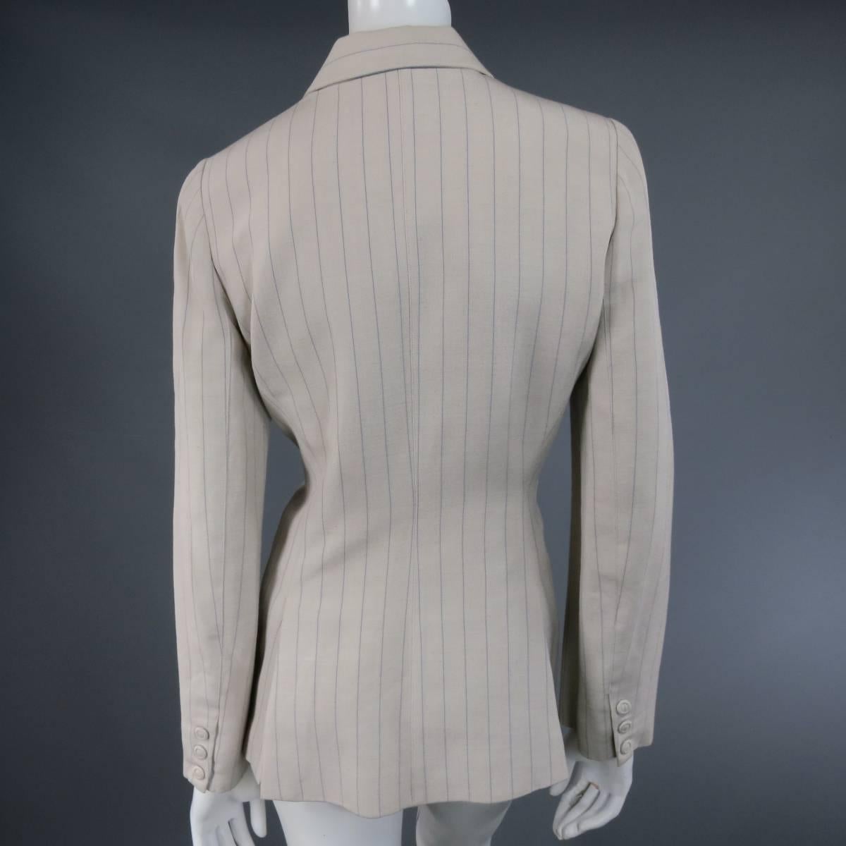 Vintage THIERRY MUGLER Jacket & Vest Size 6 Beige Blue Pinstripe Double Breasted 1