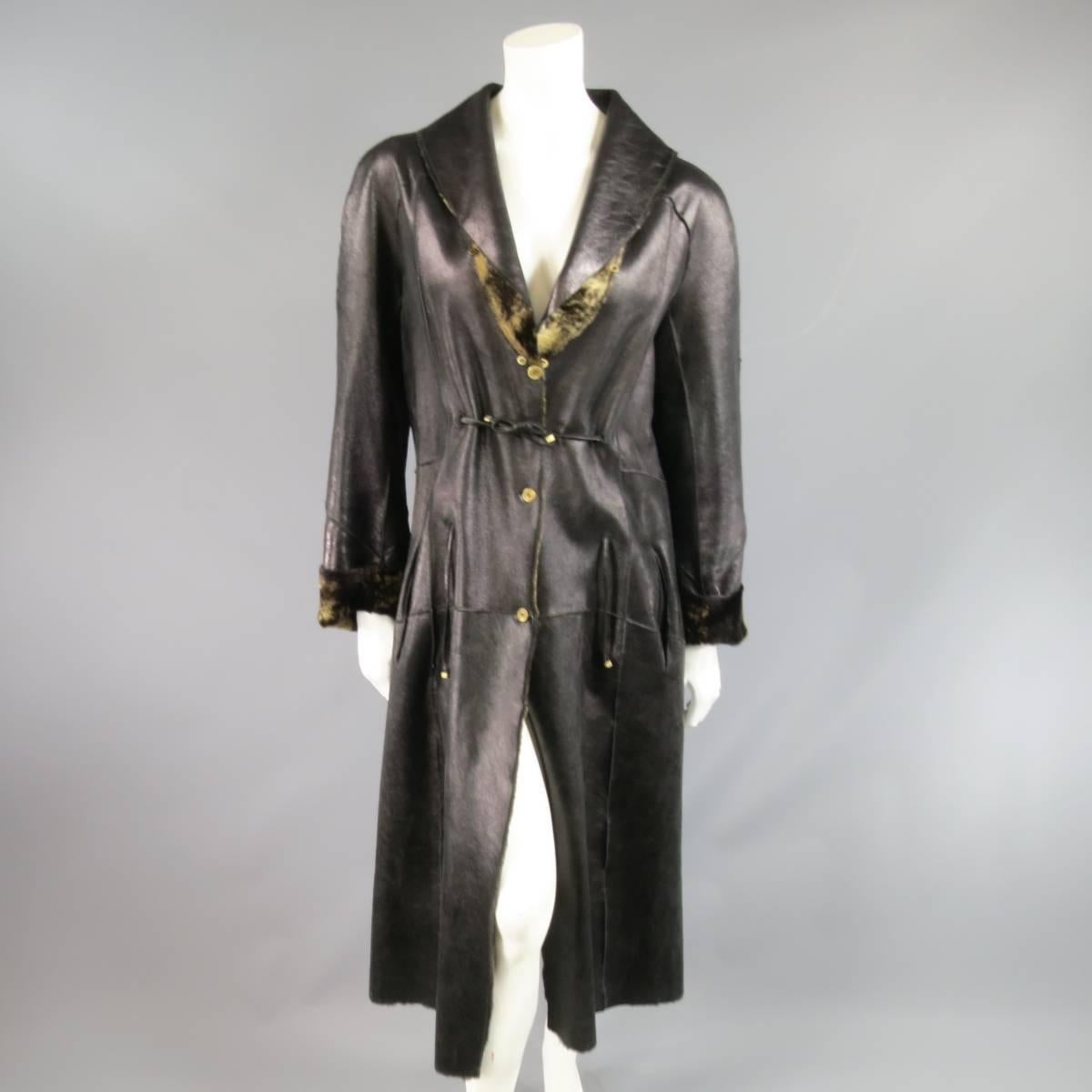 ROBERTO CAVALLI Size 8 Black & Tan Shearling Detachable Racoon Fur Collar Coat 3