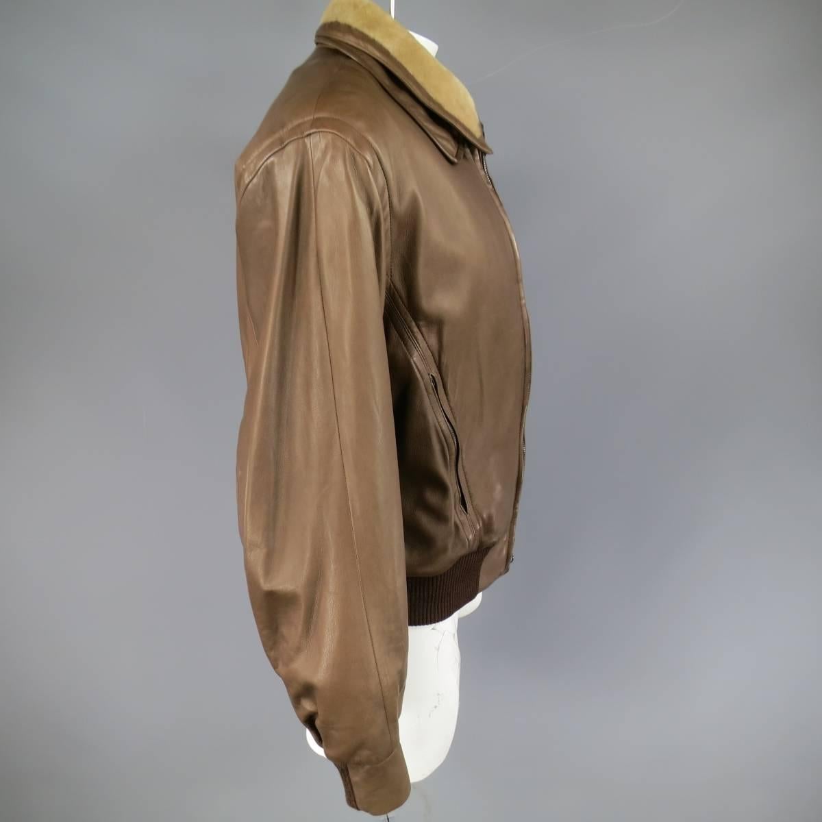 Men's SERAPHIN 40 Light Brown Leather Beige Shearling Collar Bomber Jacket In Excellent Condition In San Francisco, CA