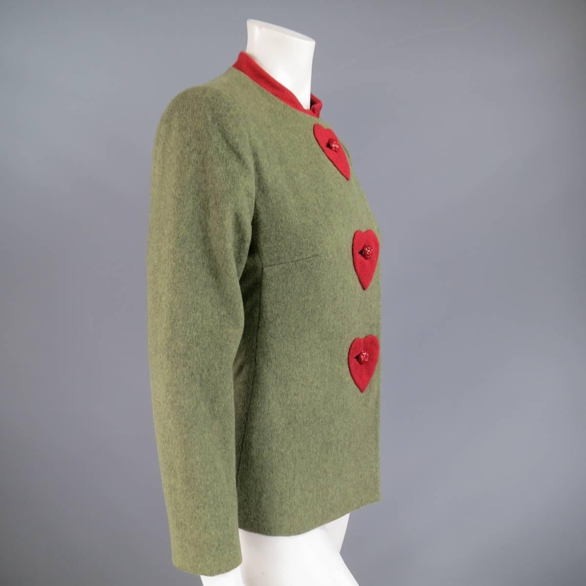 Women's CAROLINA HERRERA Size 4 Green & Red Wool / Cashmere Heart Jacket Skirt Suit