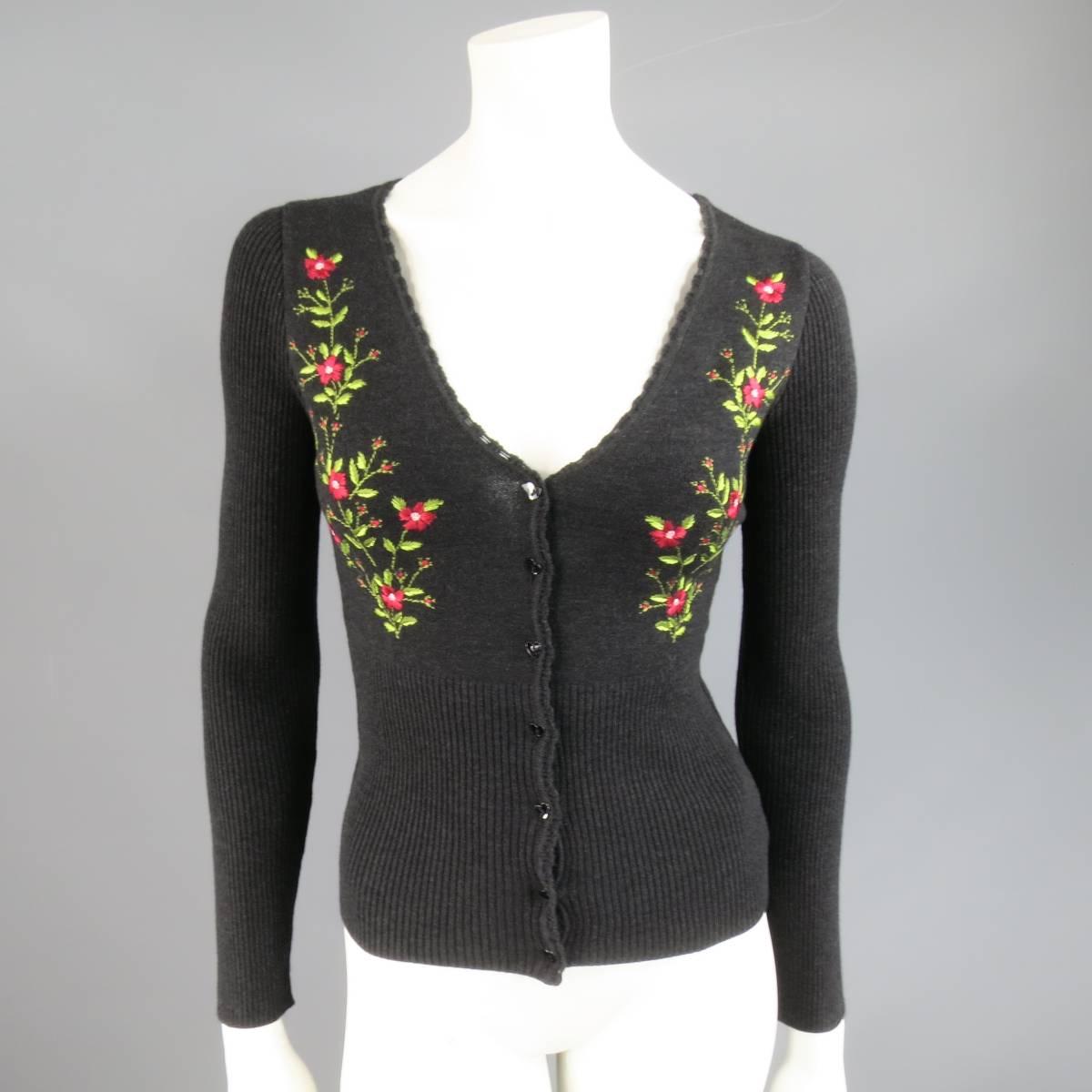 MOSCHINO Cheap & Chic Size 6 Charcoal Wool Floral Embroidered Cardigan Set 1