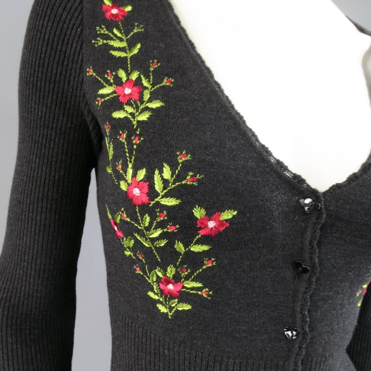 Women's MOSCHINO Cheap & Chic Size 6 Charcoal Wool Floral Embroidered Cardigan Set