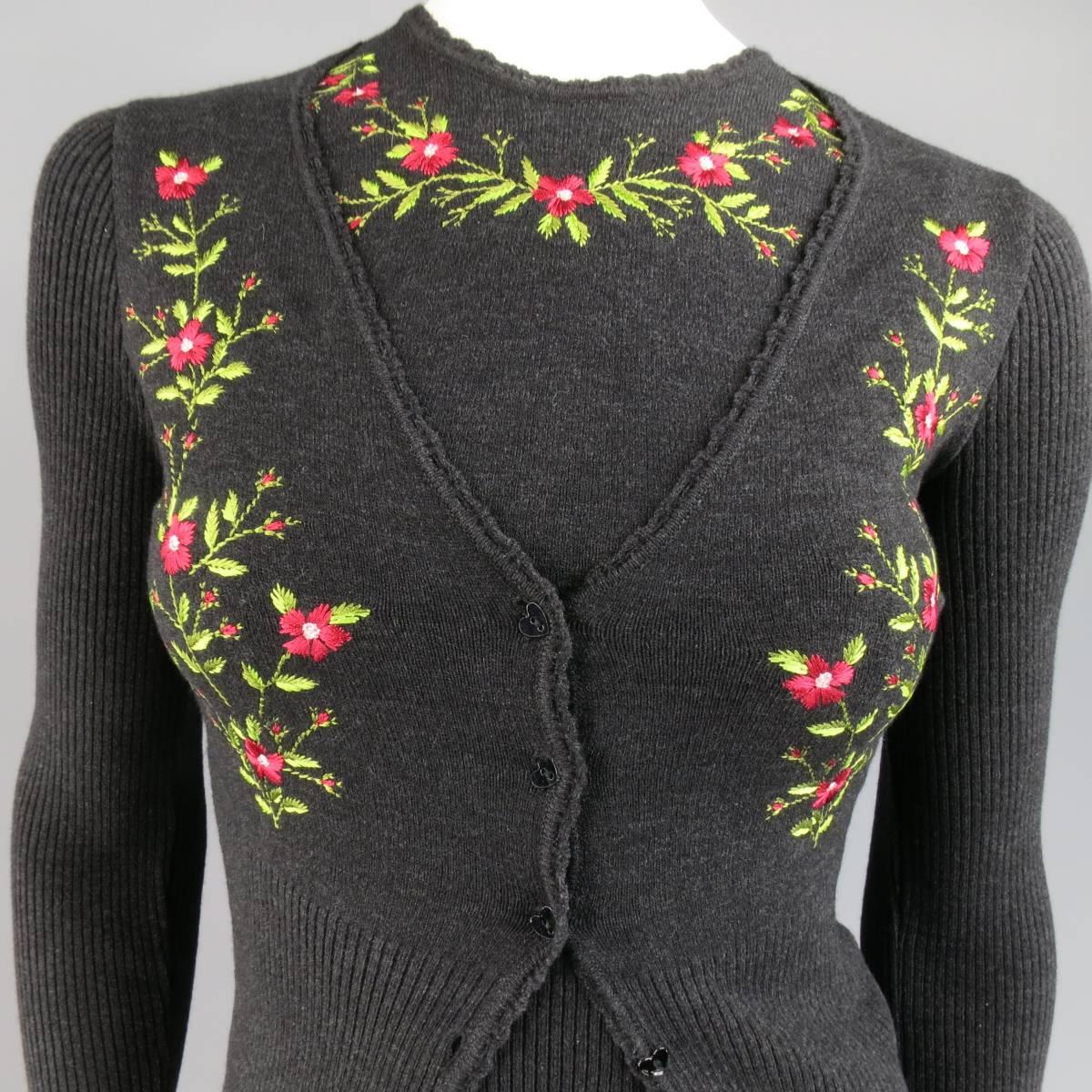 MOSCHINO Cheap & Chic Size 6 Charcoal Wool Floral Embroidered Cardigan Set In Excellent Condition In San Francisco, CA