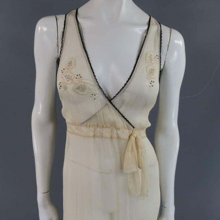 LA PERLA Size 4 Beige and Black Silk Chiffon Collared Robe and Maxi