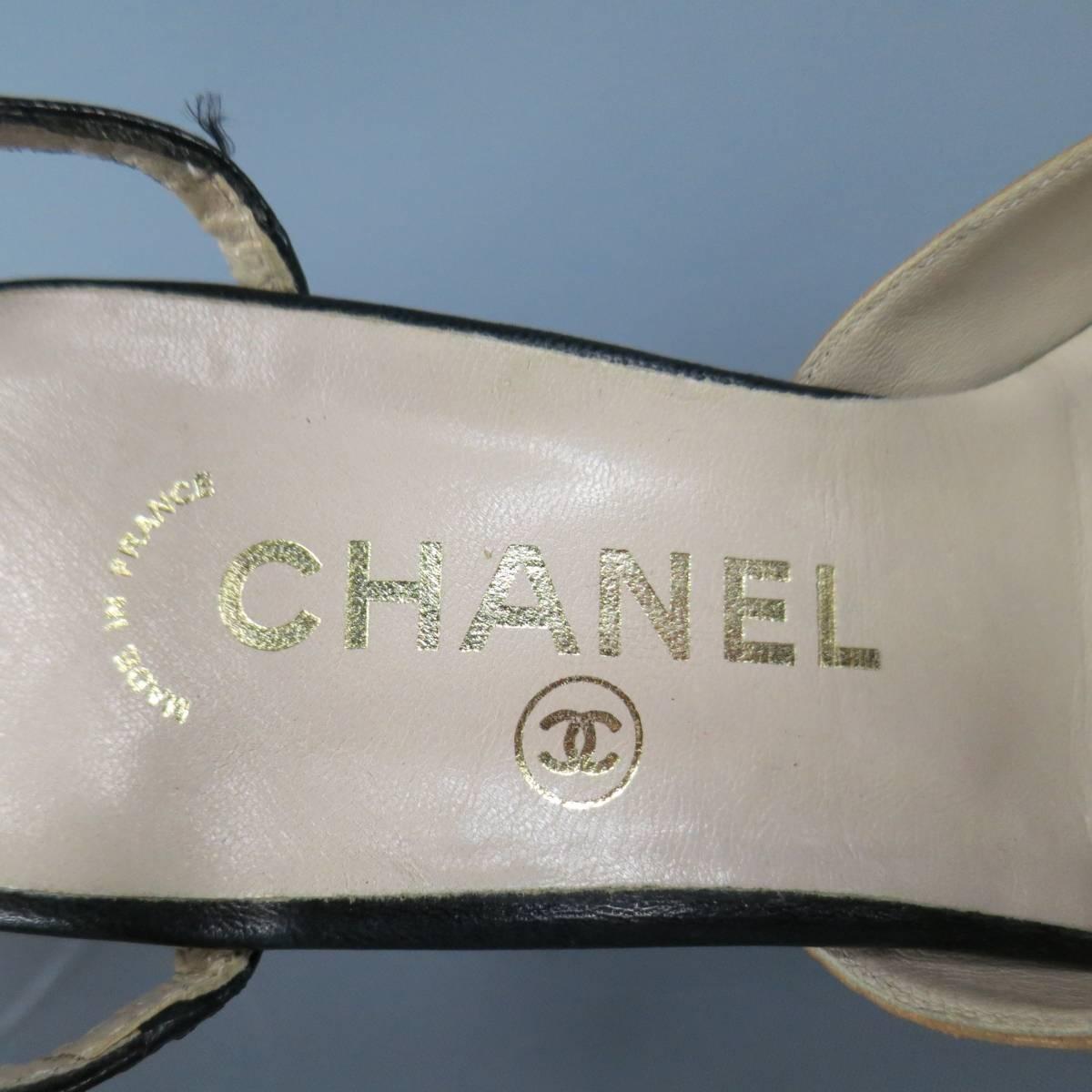 CHANEL Size 7.5 Black & Beige Leather Pointed Cap Toe Ankle Harness Strap Pumps 5