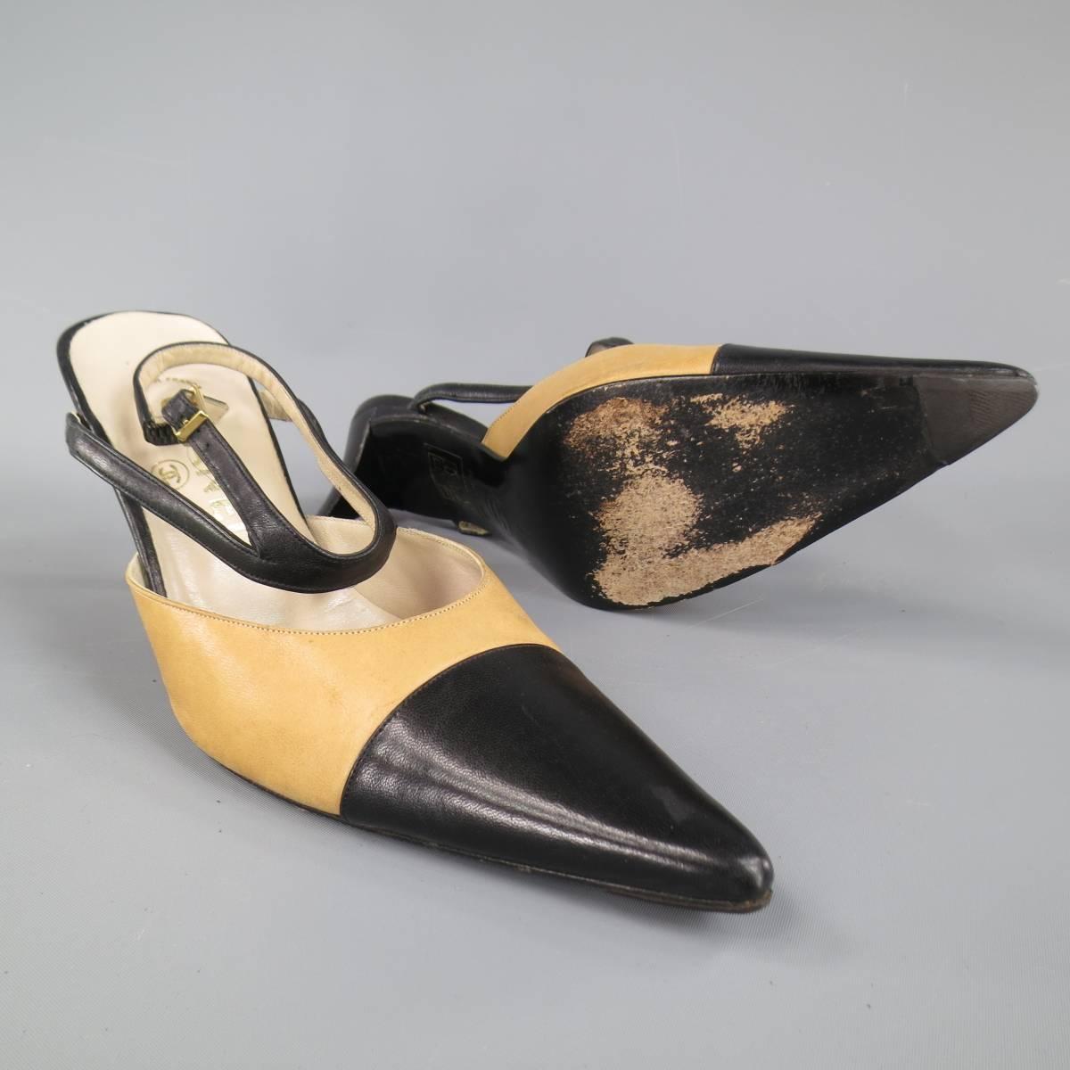 CHANEL Size 7.5 Black & Beige Leather Pointed Cap Toe Ankle Harness Strap Pumps In Good Condition In San Francisco, CA