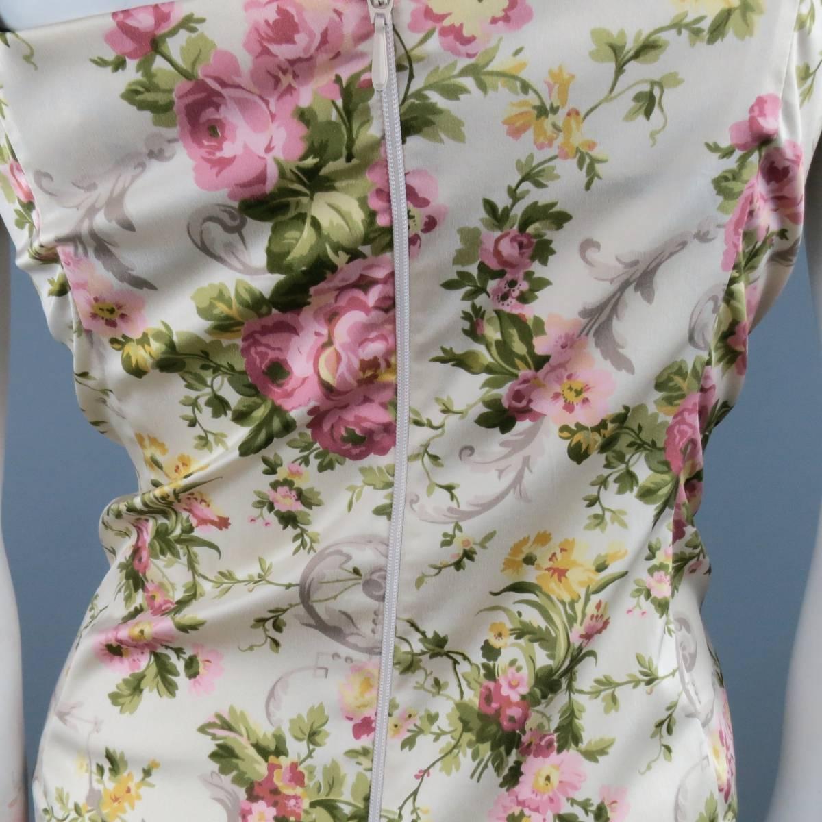 White DOLCE & GABBANA Size 10 Cream & Pink Brocade Floral Silk Blend Bustier Top