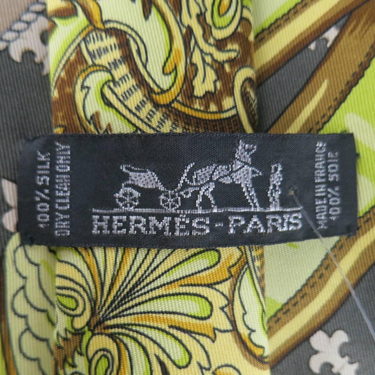HERMES Gray Gold & Lime Green Brocade Belt Scarf Print Silk Tie 2