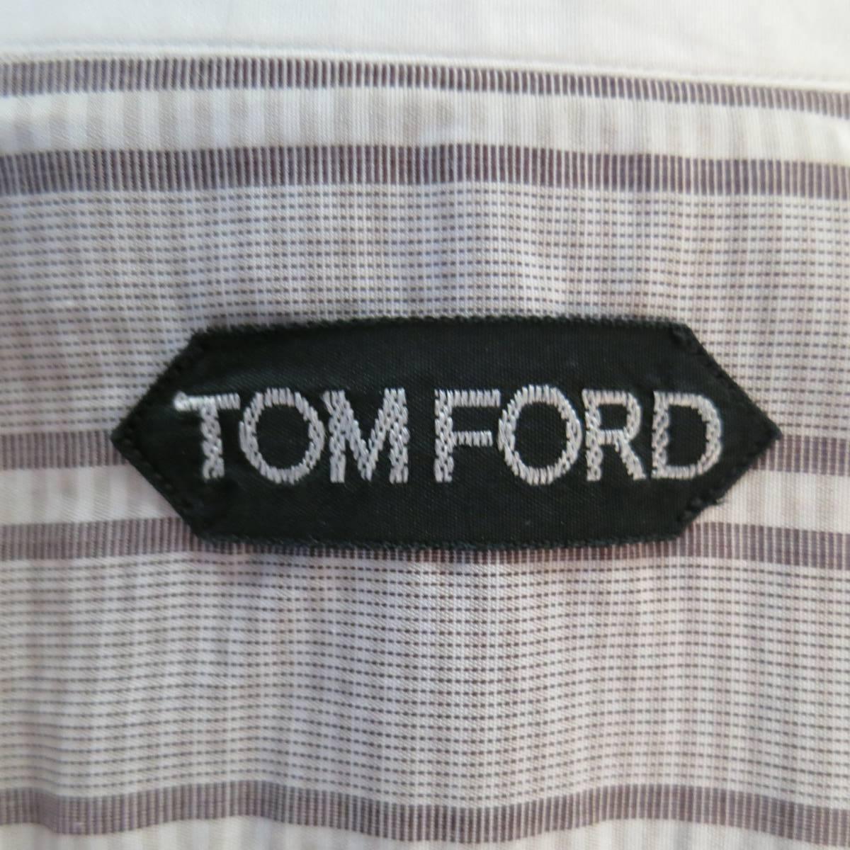 TOM FORD Size M White & Taupe Stripe Cotton COntrast Collar French Cuff Shirt 1