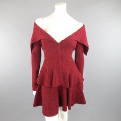 ALEXANDER MCQUEEN Size S Burgundy Wool Shawl Collar Peplum Cardigan Skirt Set