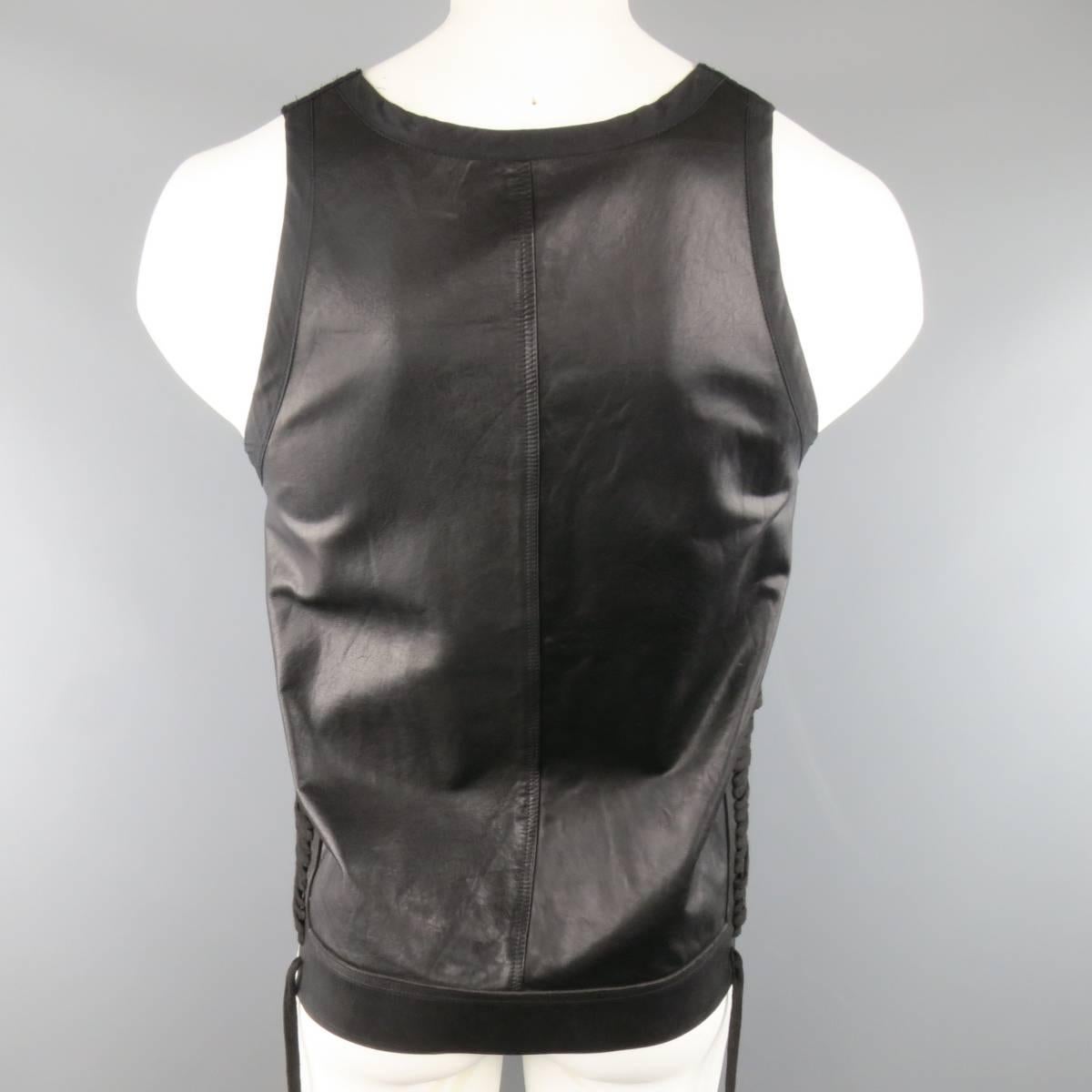 Men's RICK OWENS Size M Black Leather Lace Up Zip Tank Top Vest 1