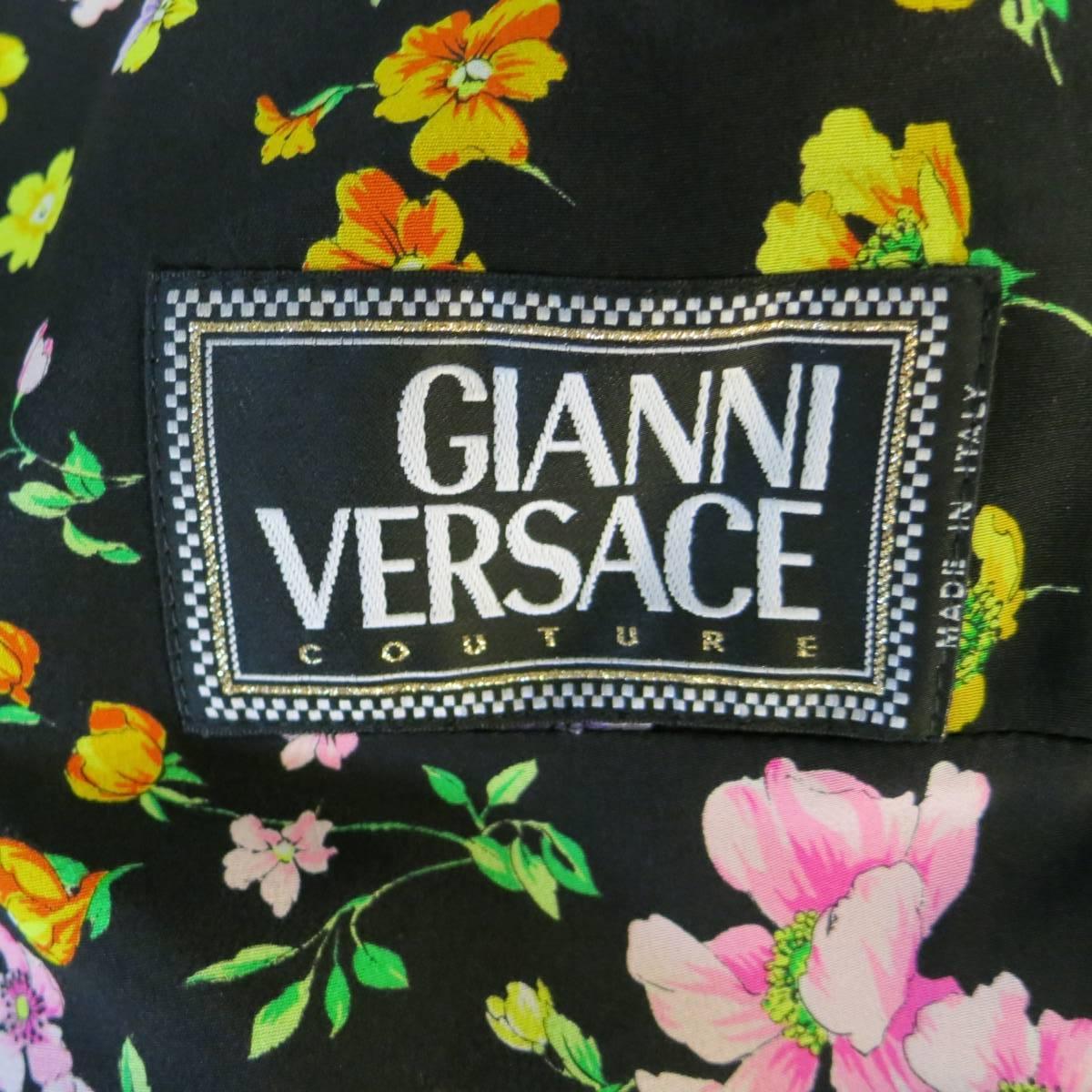 1990s GIANNI VERSACE Size 10 Black Floral Print Silk Medusa Button Blazer 6