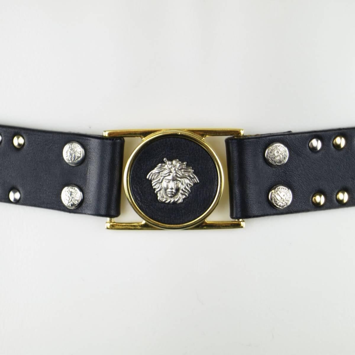 GIANNI VERSACE Size 30 Black Gold & Silver Medusa Studded Leather Belt 1