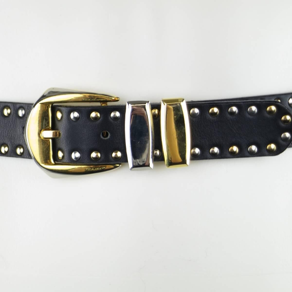 GIANNI VERSACE Size 30 Black Gold & Silver Medusa Studded Leather Belt In Excellent Condition In San Francisco, CA