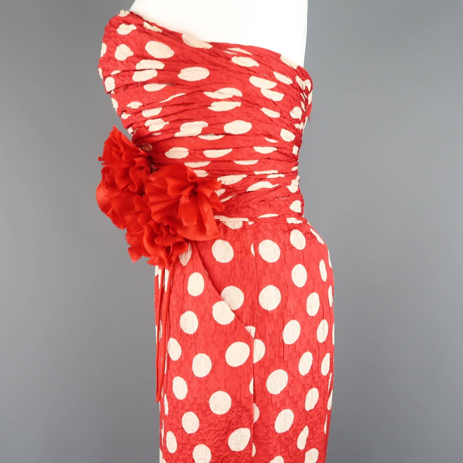 Vintage CHANEL Size 8 Red & White Polka Dot Silk Strapless Flower Gown In Good Condition In San Francisco, CA