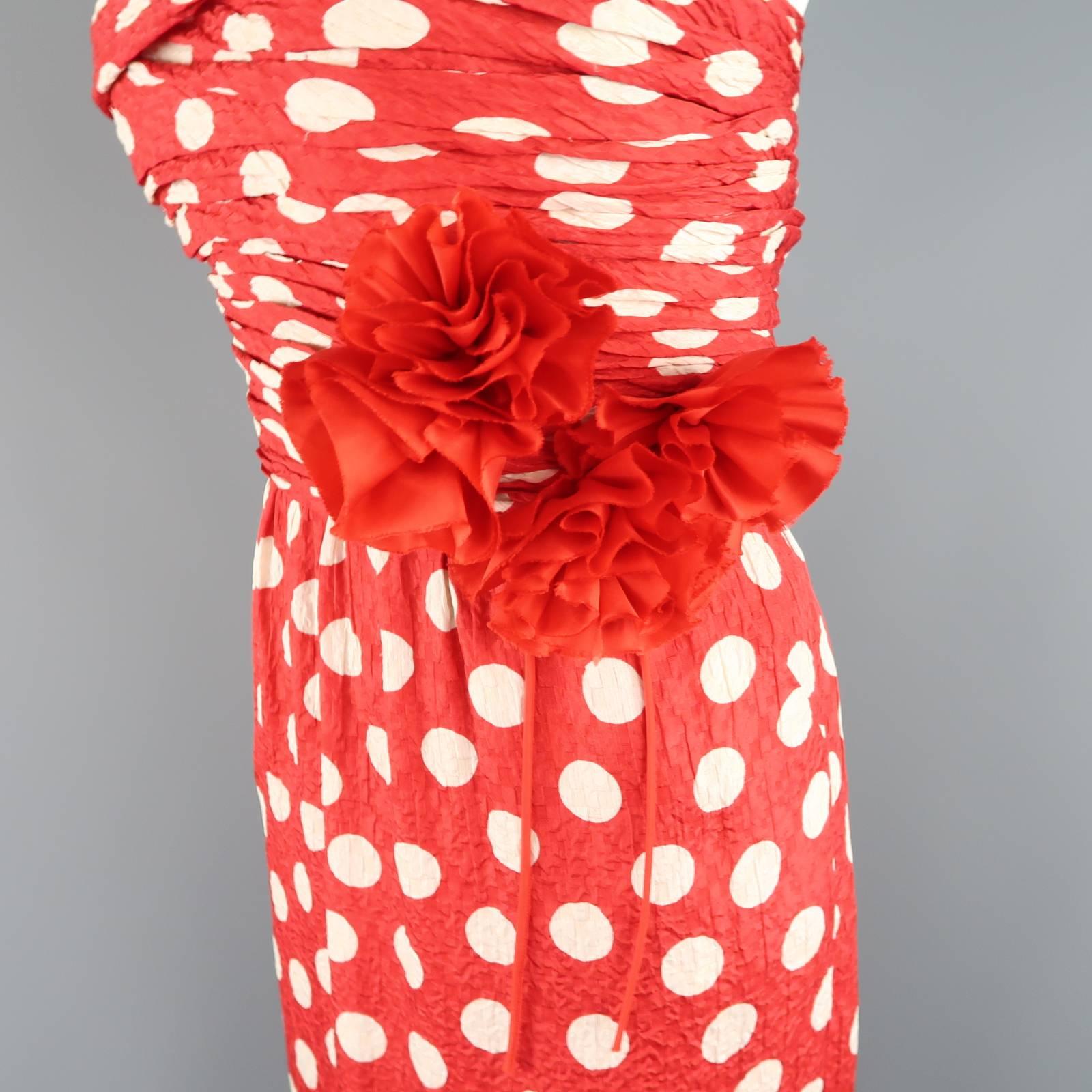 Women's Vintage CHANEL Size 8 Red & White Polka Dot Silk Strapless Flower Gown