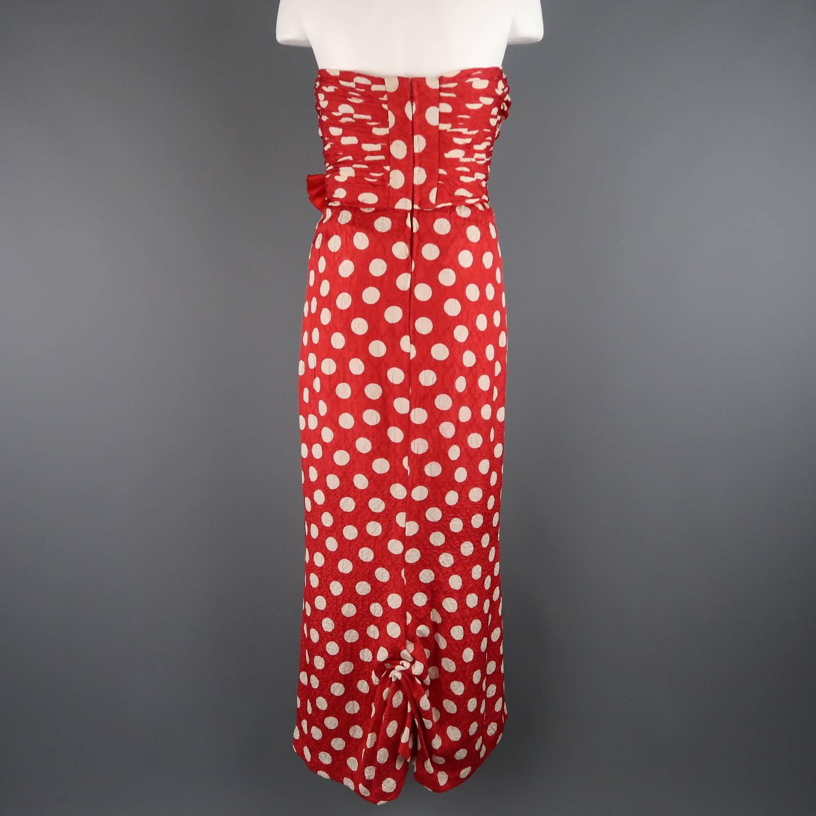 Vintage CHANEL Size 8 Red & White Polka Dot Silk Strapless Flower Gown 1