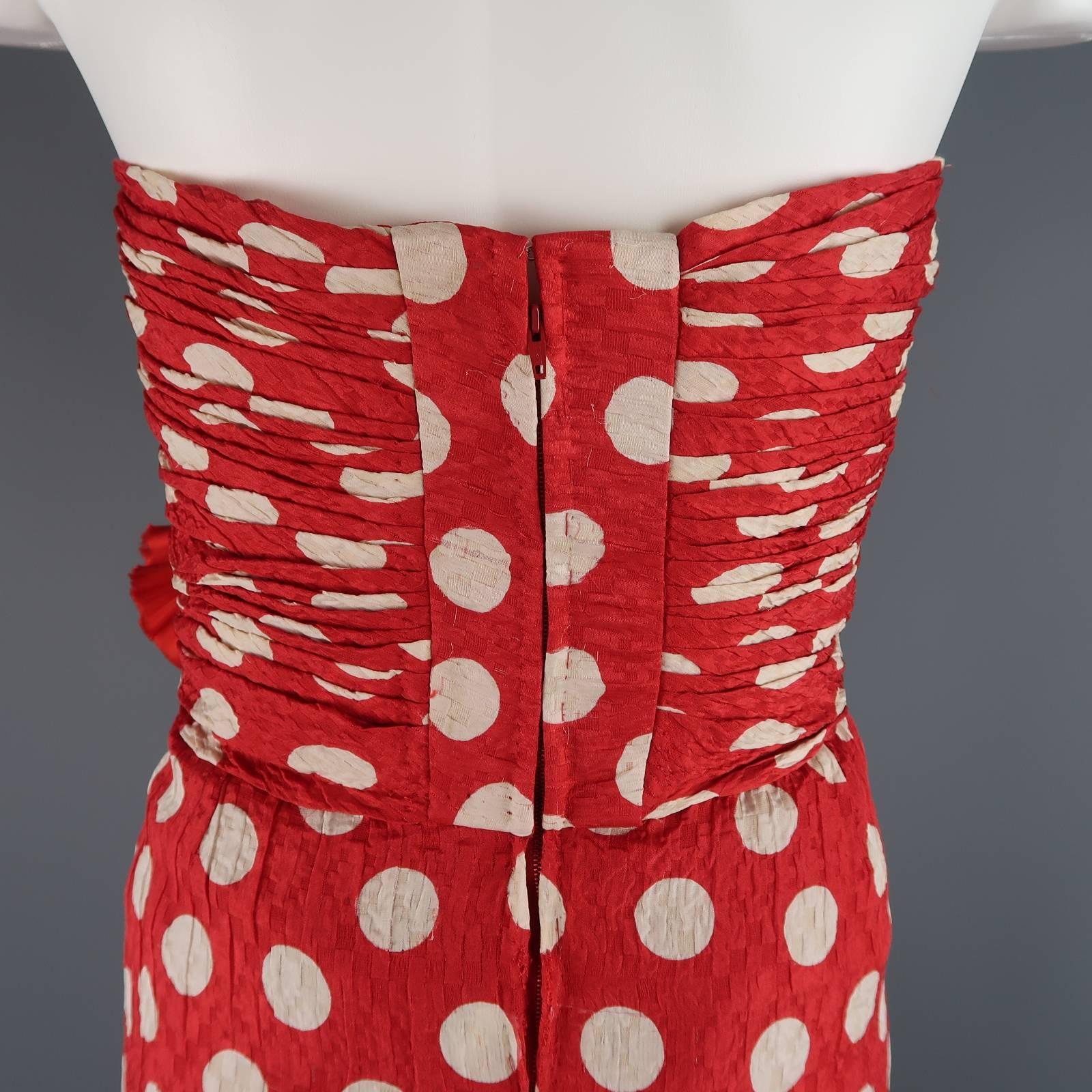 Vintage CHANEL Size 8 Red & White Polka Dot Silk Strapless Flower Gown 2