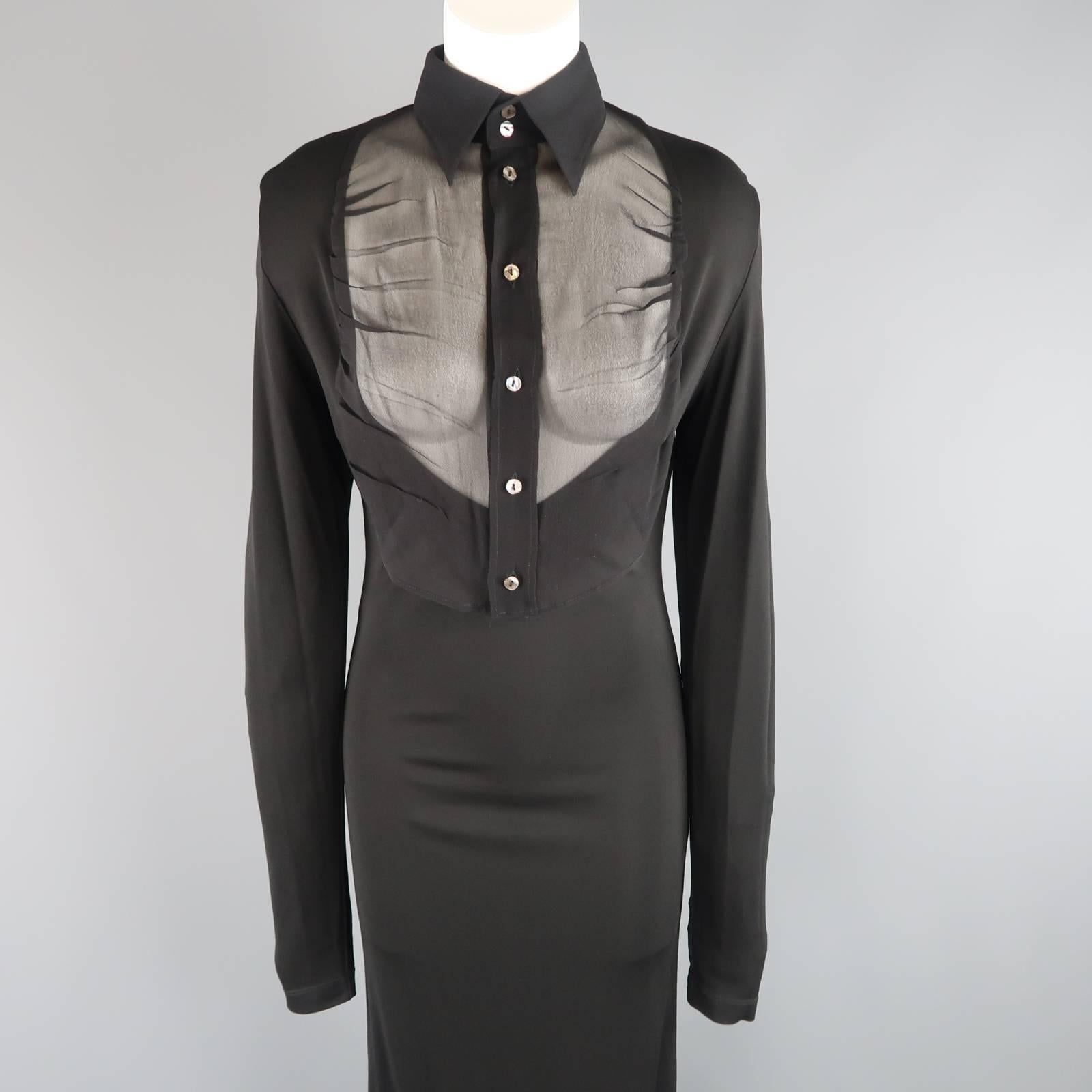 JEAN PAUL GAULTIER long sleeve maxi dress comes in a light weight stretch rayon and features a sheer blouse bib front with pointed collar. Made in Italy.
 
New with Tags. Retails: $870.00.
Marked: IT 44
 
Measurements:
 
Shoulder: 18 in.
Bust: 36