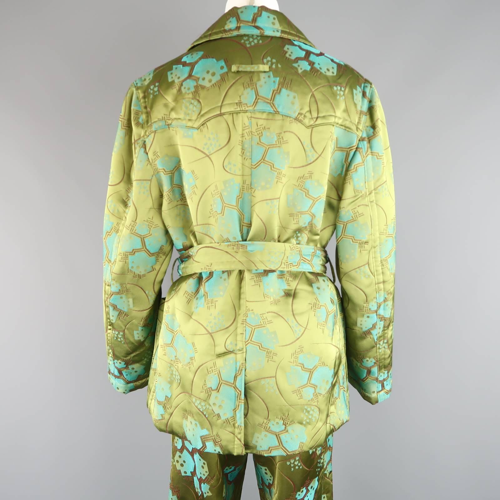 JEAN PAUL GAULTIER Size 10 Green Abstract Chinoiserie Satin Trench & Pant Outfit 2