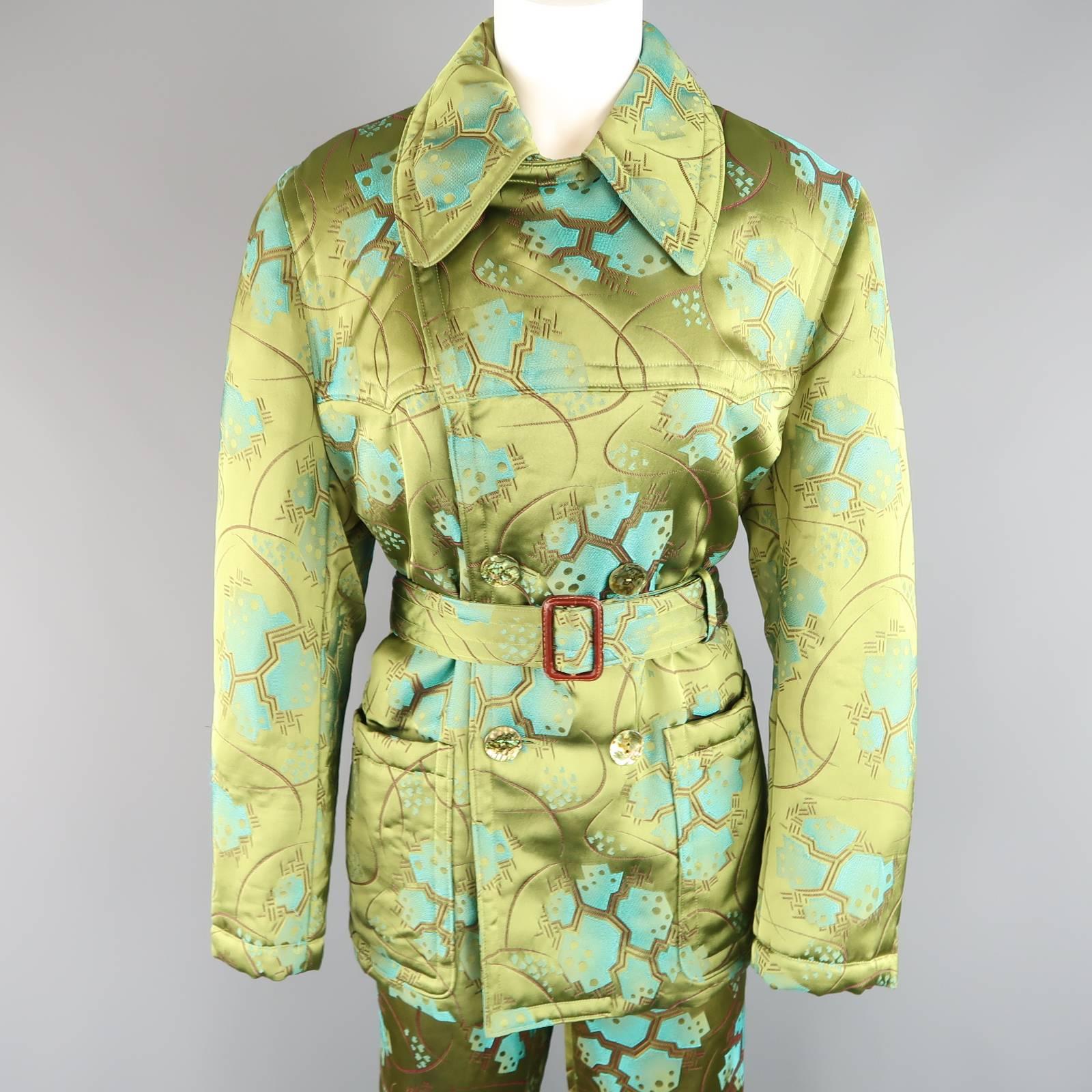 JEAN PAUL GAULTIER Size 10 Green Abstract Chinoiserie Satin Trench & Pant Outfit 1
