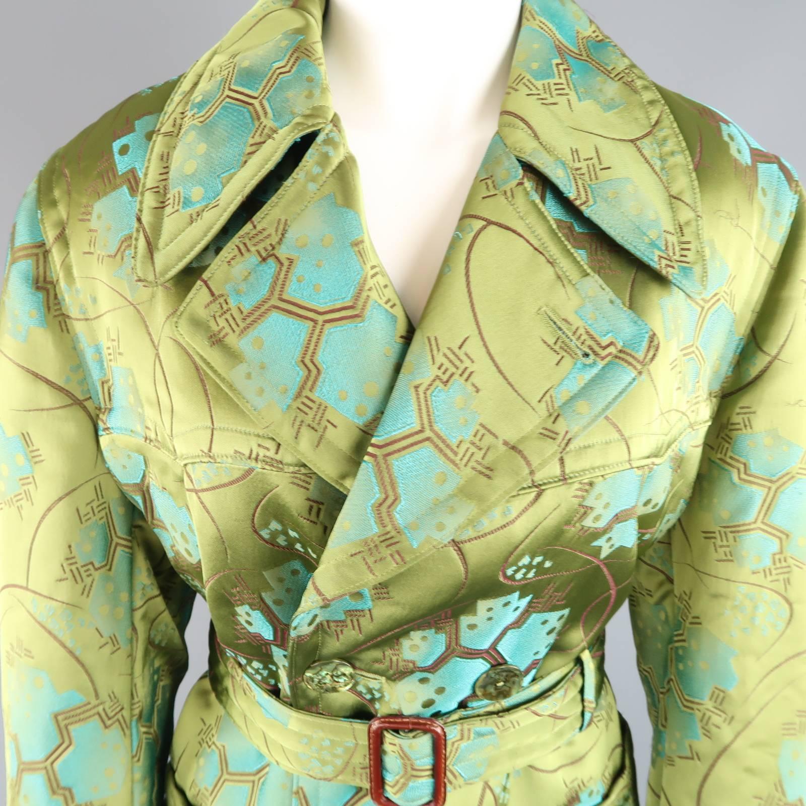 JEAN PAUL GAULTIER Size 10 Green Abstract Chinoiserie Satin Trench & Pant Outfit In Excellent Condition In San Francisco, CA