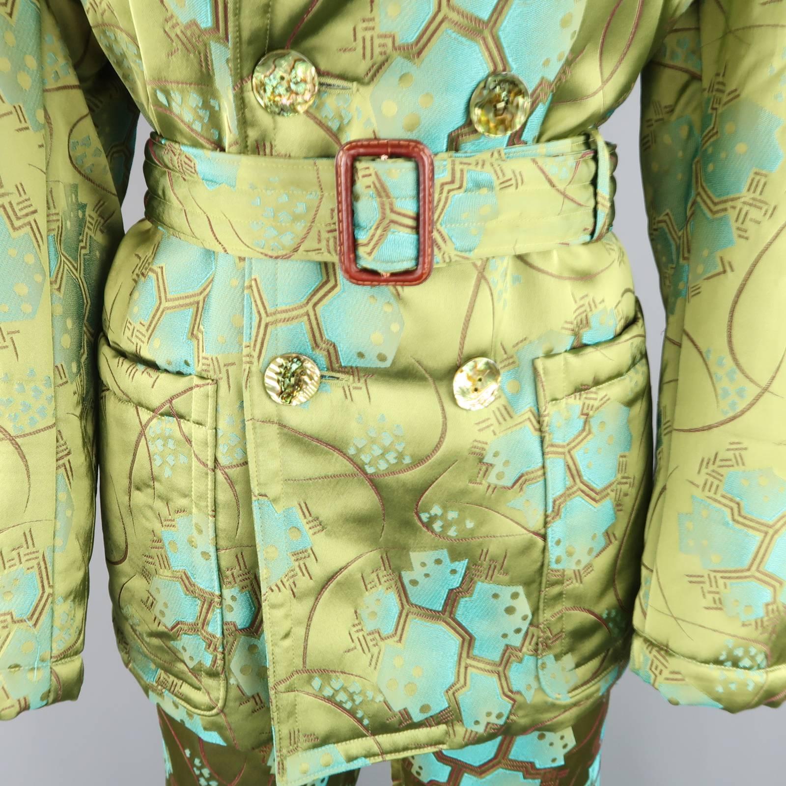 Women's JEAN PAUL GAULTIER Size 10 Green Abstract Chinoiserie Satin Trench & Pant Outfit