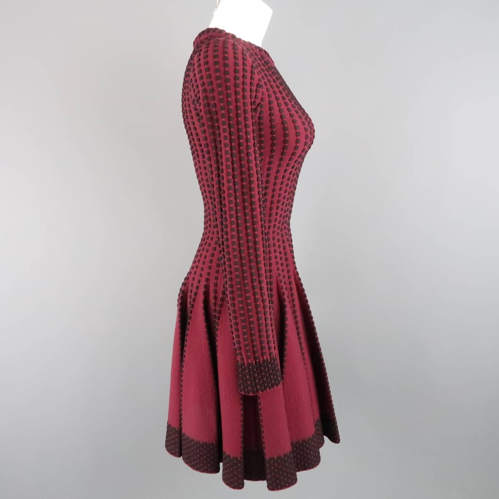 Alaia Burgundy and Black Stretch Wool Fruit Flair Long Sleeve Dress, Size 10 2