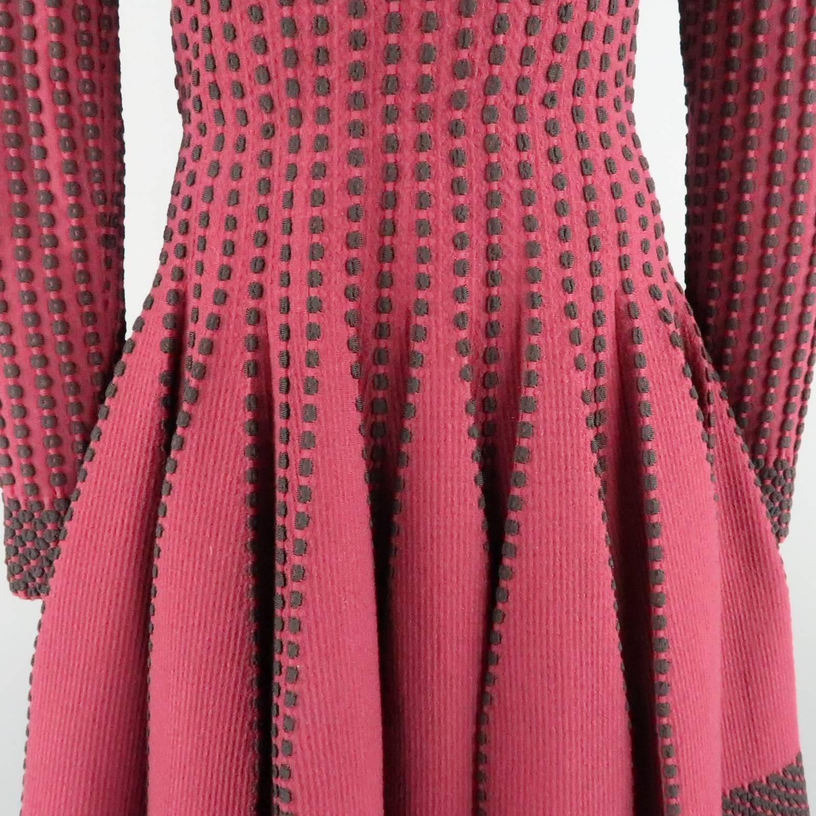 Women's Alaia Burgundy and Black Stretch Wool Fruit Flair Long Sleeve Dress, Size 10