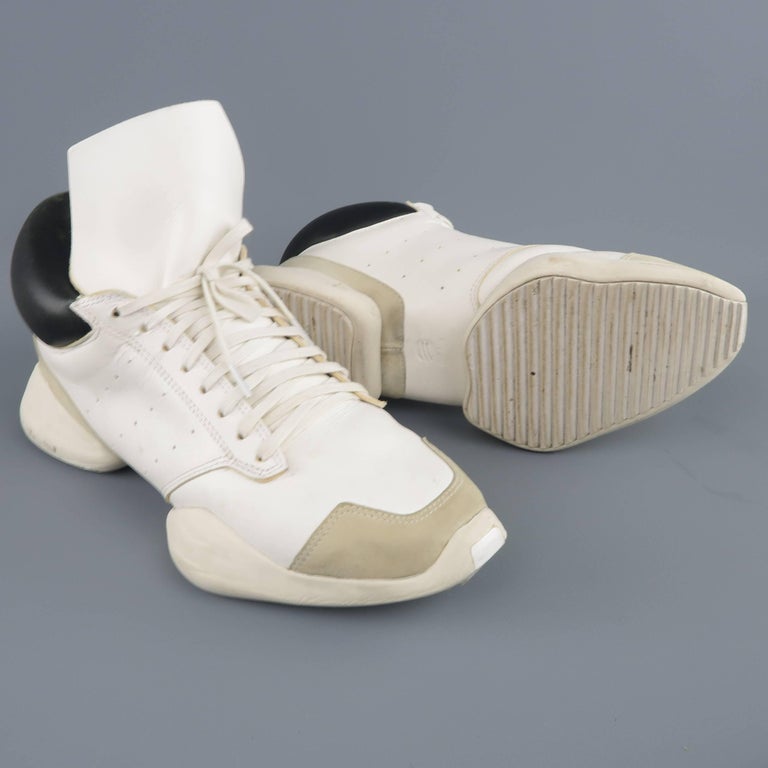 RICK OWENS Adidas Size 10.5 White and Black Leather Split Sole Sneakers ...