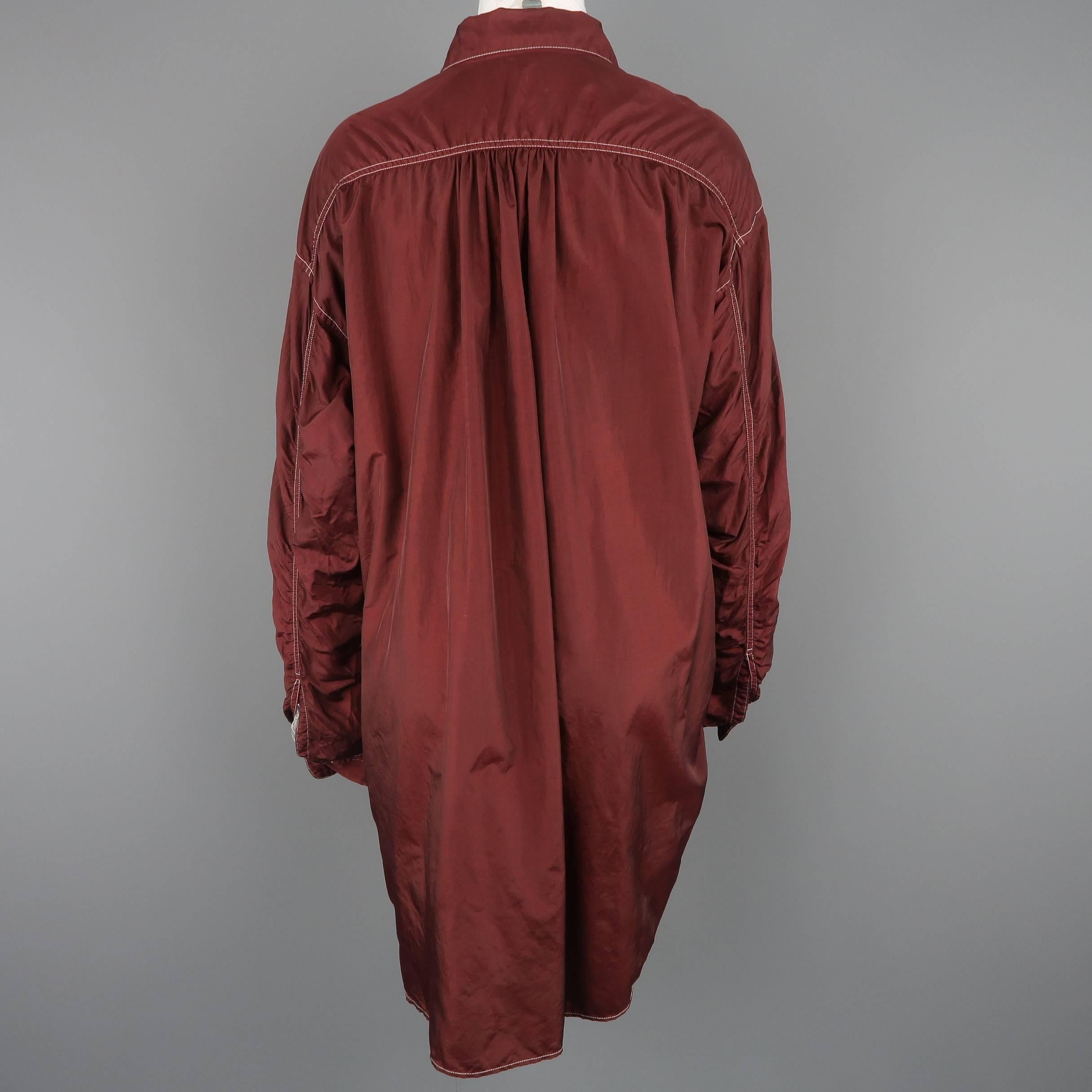 Issey Miyake Burgundy Taffeta Gathered Contrast Stitch Shirt 2