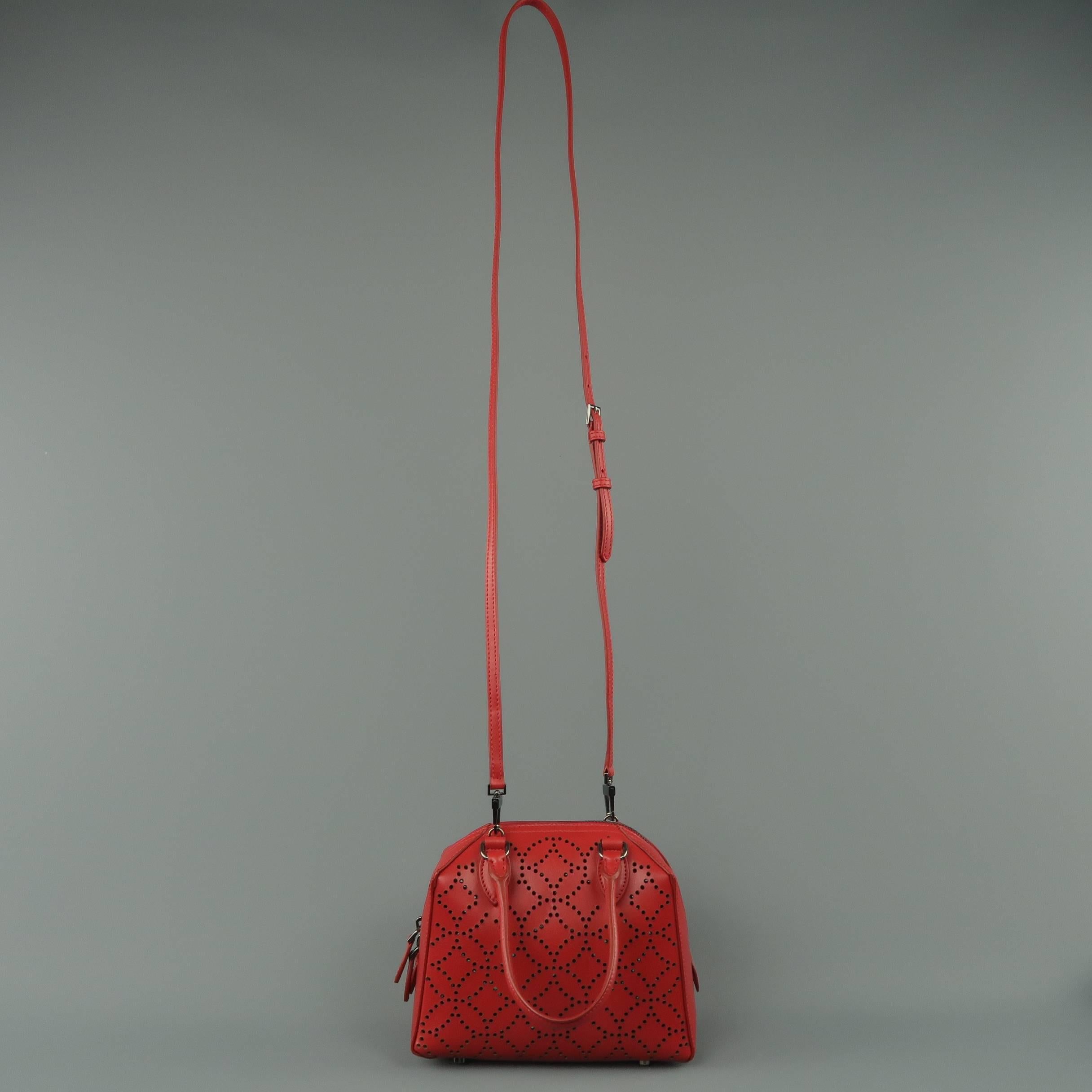Alaia Red Perforated Leather Mini Top Handles Cross Body Handbag In Excellent Condition In San Francisco, CA