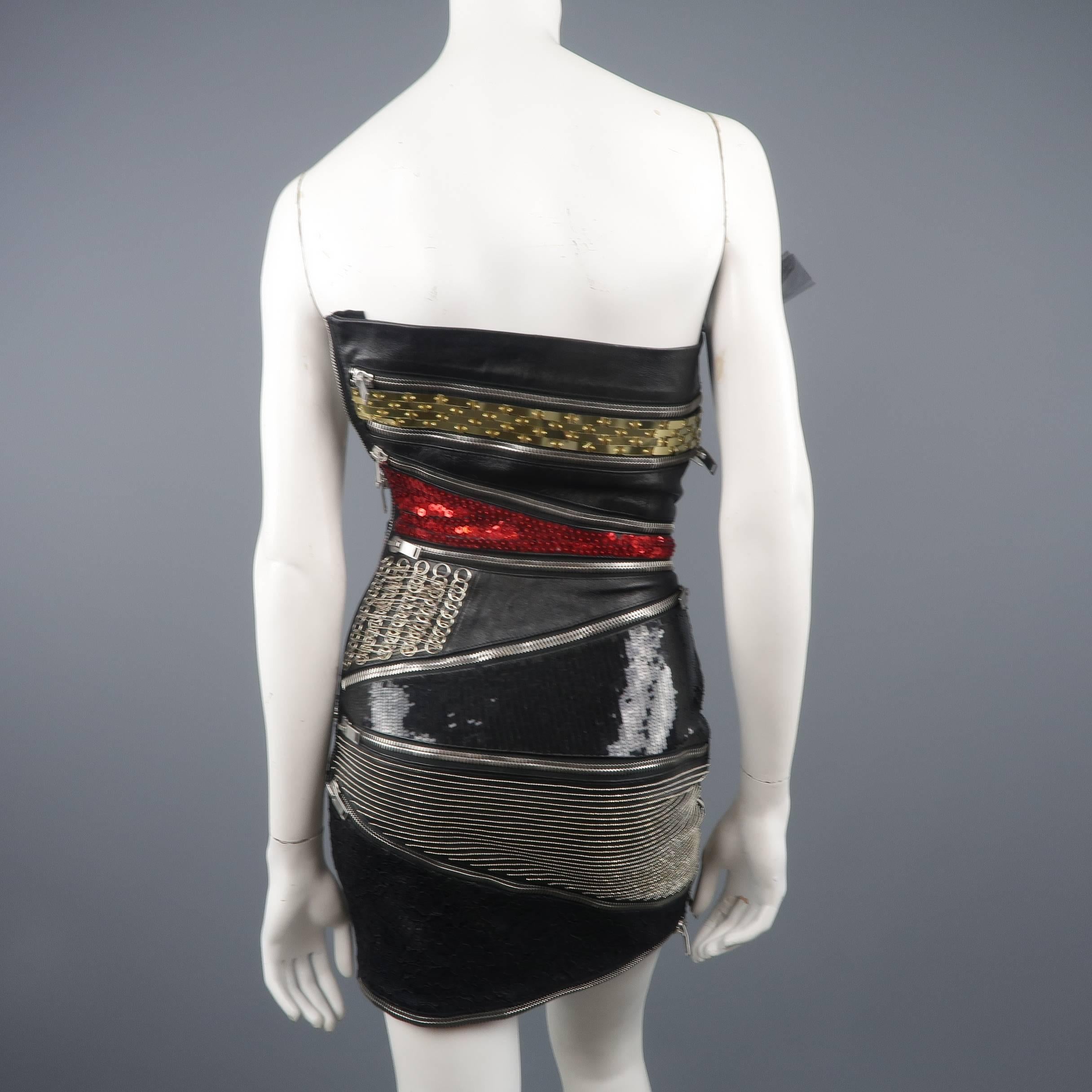 Saint Laurent Black Mixed Materials Leather Zip Bustier Cocktail Dress 7