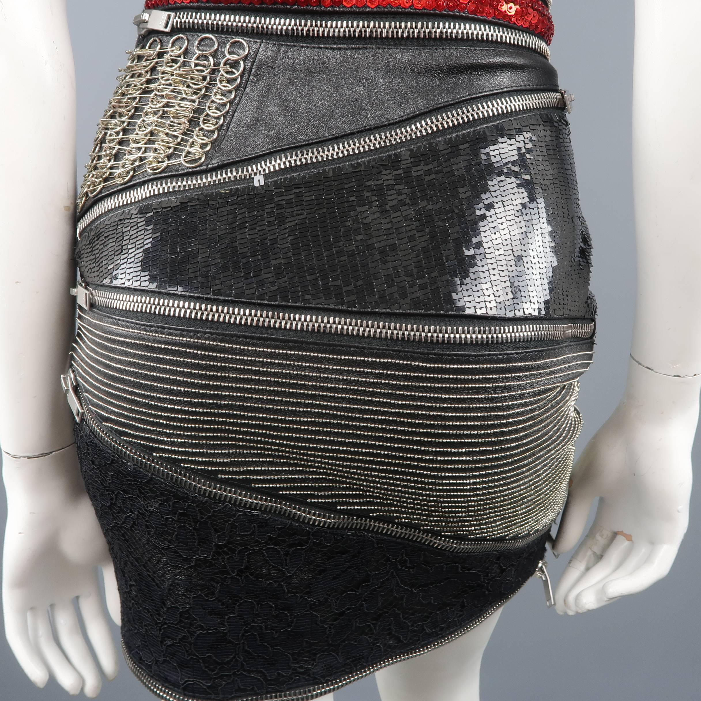 Saint Laurent Black Mixed Materials Leather Zip Bustier Cocktail Dress 8