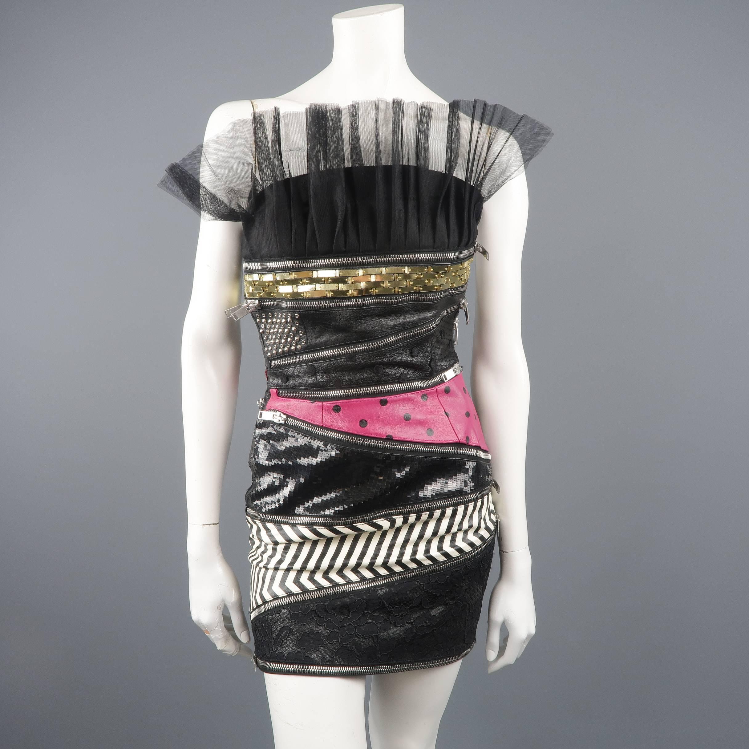 Saint Laurent Black Mixed Materials Leather Zip Bustier Cocktail Dress In Excellent Condition In San Francisco, CA