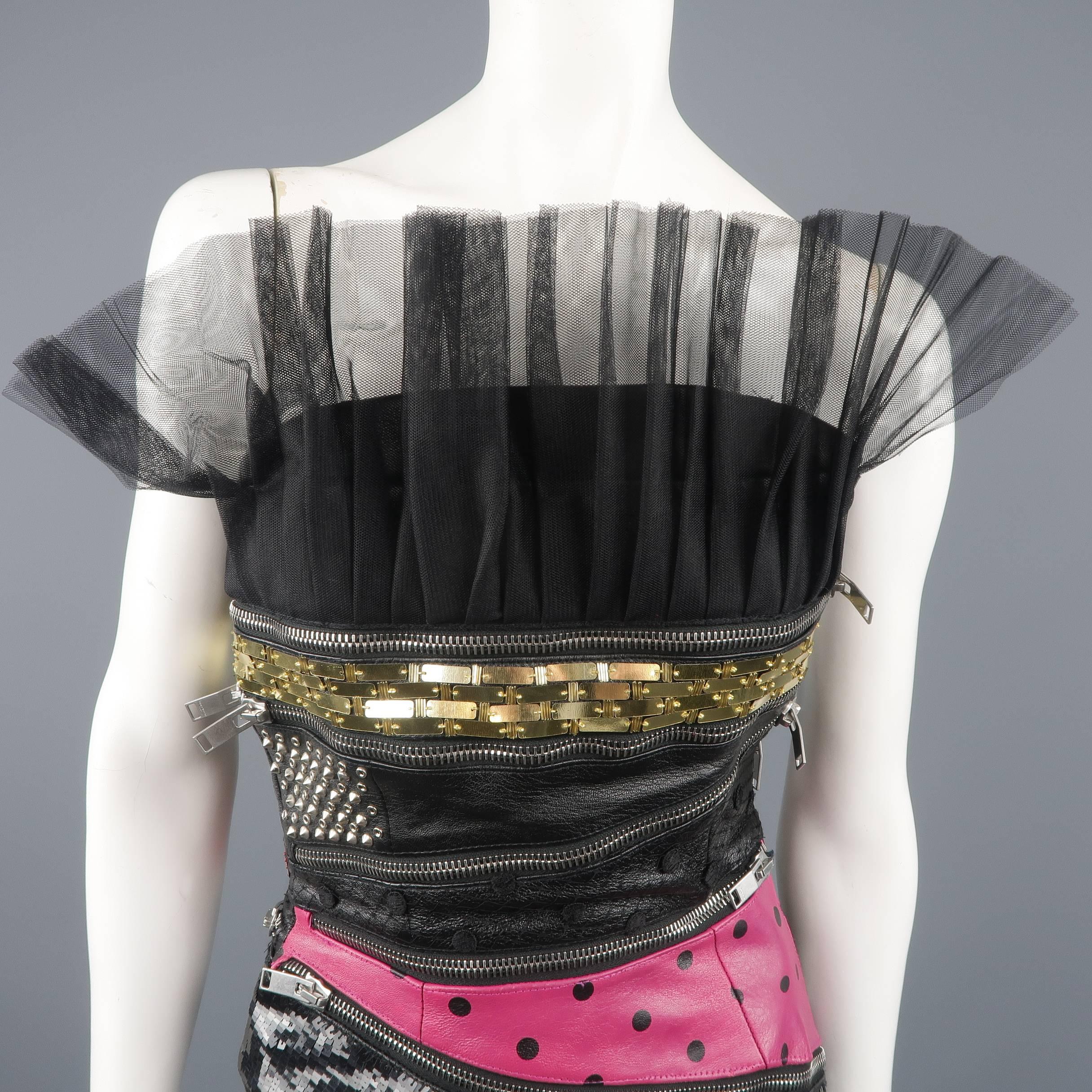 Women's Saint Laurent Black Mixed Materials Leather Zip Bustier Cocktail Dress