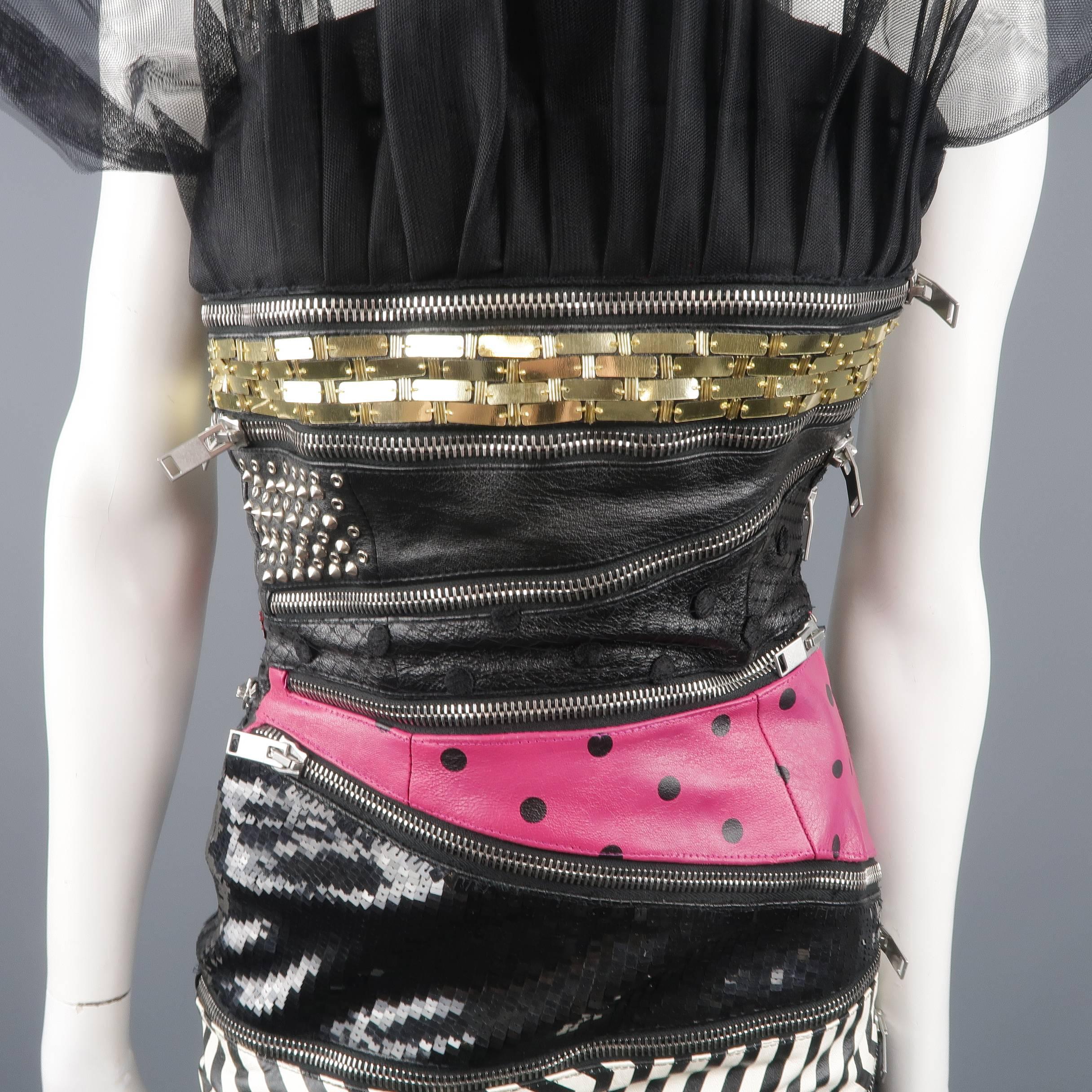 Saint Laurent Black Mixed Materials Leather Zip Bustier Cocktail Dress 1