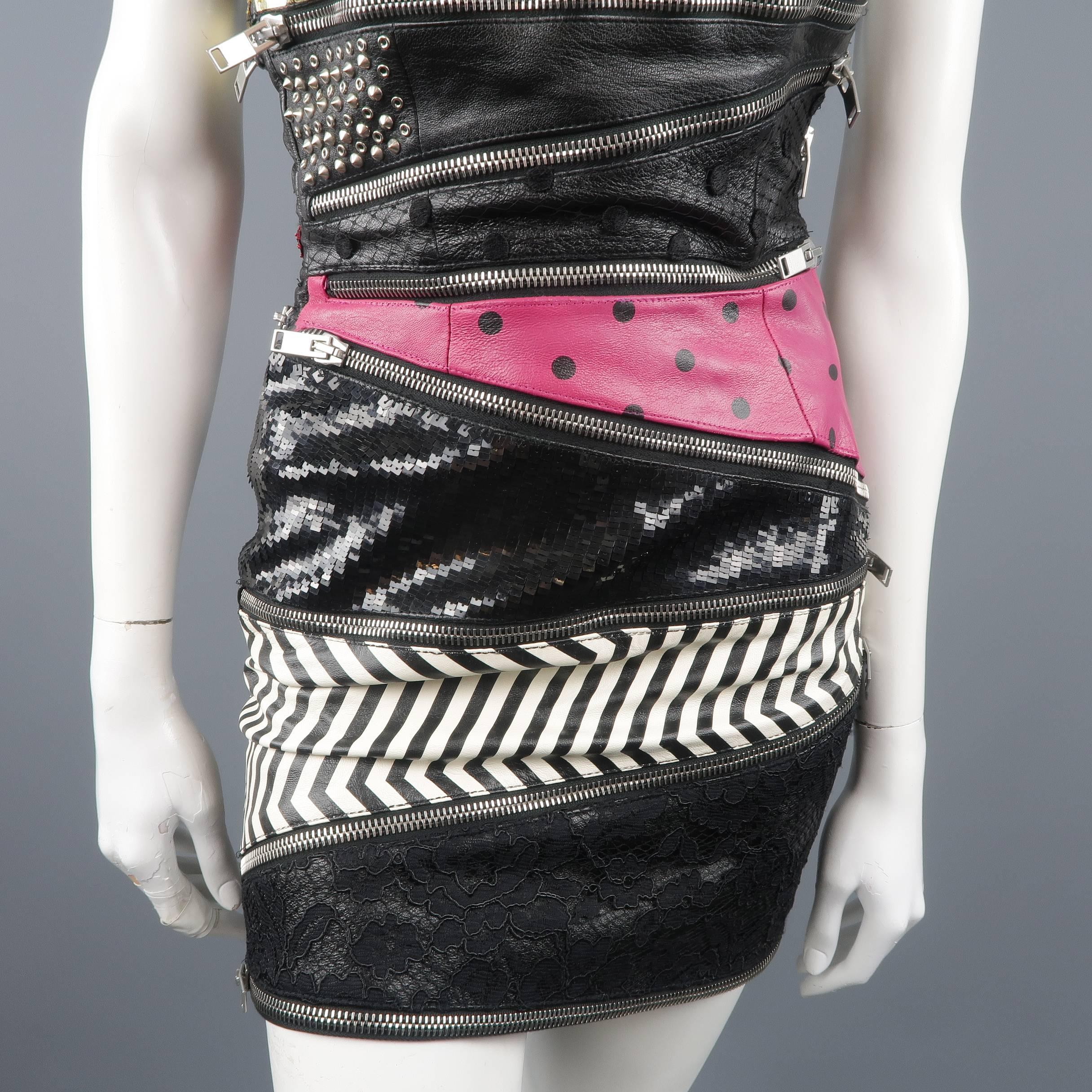 Saint Laurent Black Mixed Materials Leather Zip Bustier Cocktail Dress 2