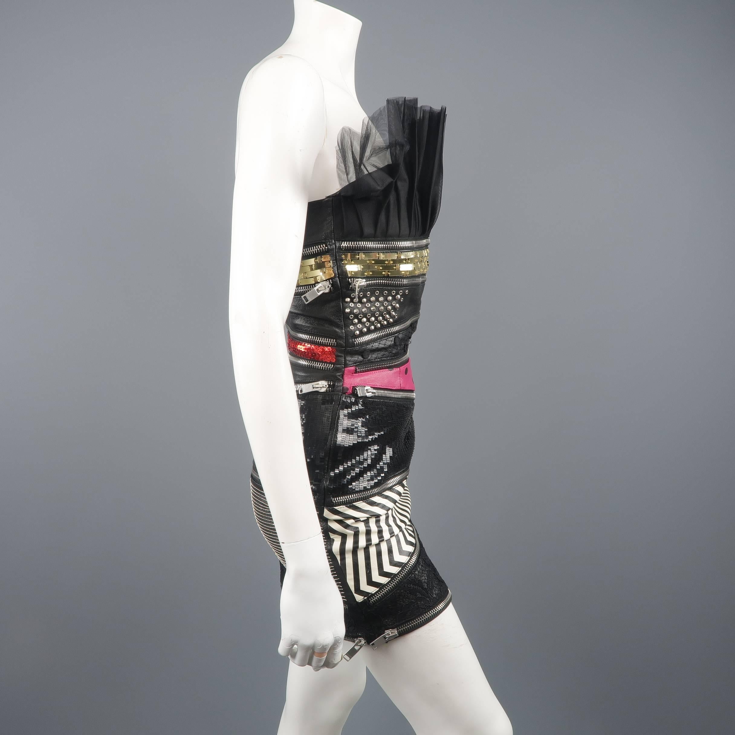 Saint Laurent Black Mixed Materials Leather Zip Bustier Cocktail Dress 5
