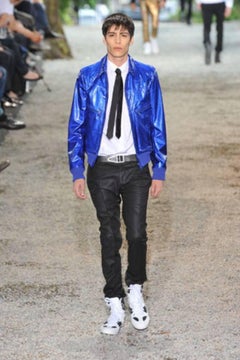 Dior Homme Mens Blue Metallic Leather Bomber Jacket Coat, Spring 2009 Runway