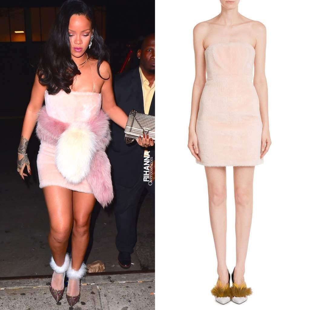 This fabulous Fendi Fall 2015 cocktail dress comes in light pink lambskin shearling with a straight, strapless neckline, fitted bodice, and mini pencil skirt. Built in bustier lining. Matching beaded capelet by Joanna Mastroianni, pictured last,