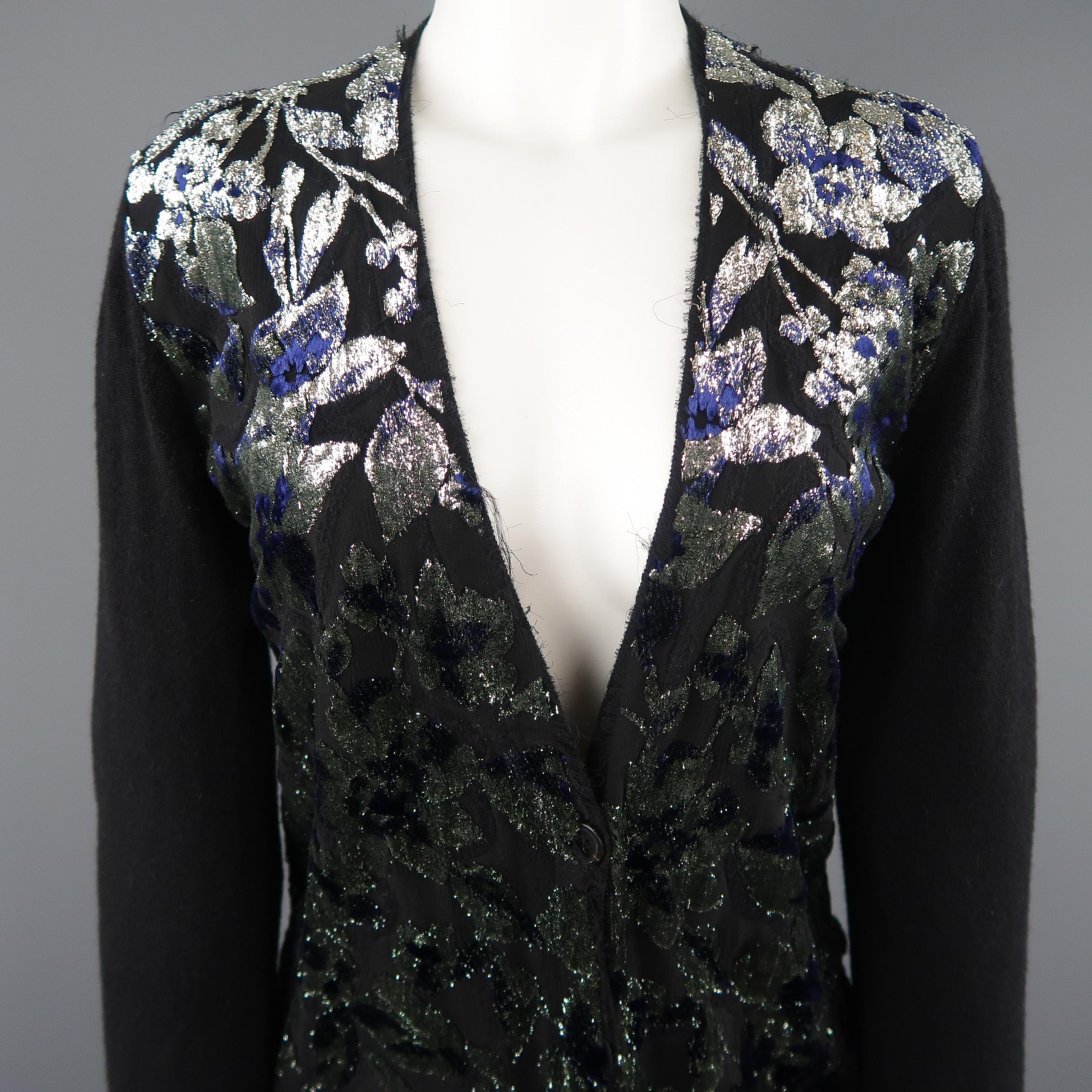 LANVIN cardigan comes in a black knit with a V neck, extended length, and metallic floral burnout jacquard chiffon frontal panels. Made in Italy. Retail price $1,295.00. 
 
Good Pre-Owned Condition.
Marked: (no size)
 
Measurements:
 
Shoulder: 15