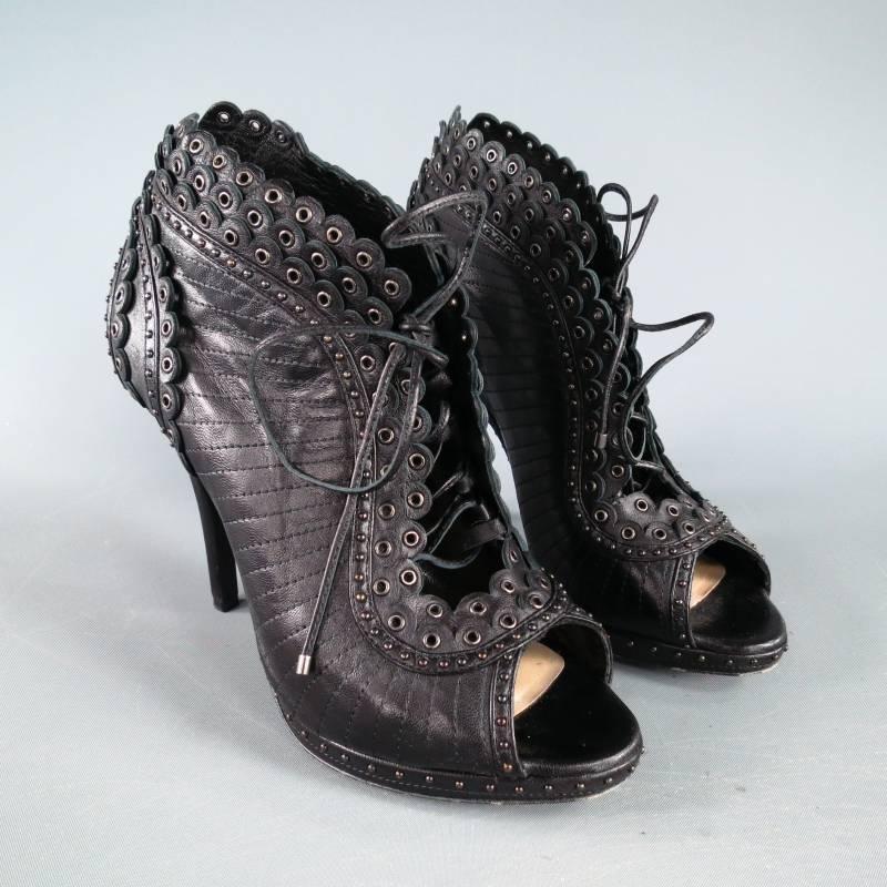 CHRISTIAN DIOR Size 6 Black Studded Lace up Leather Peep Toe MUSE Booties 2